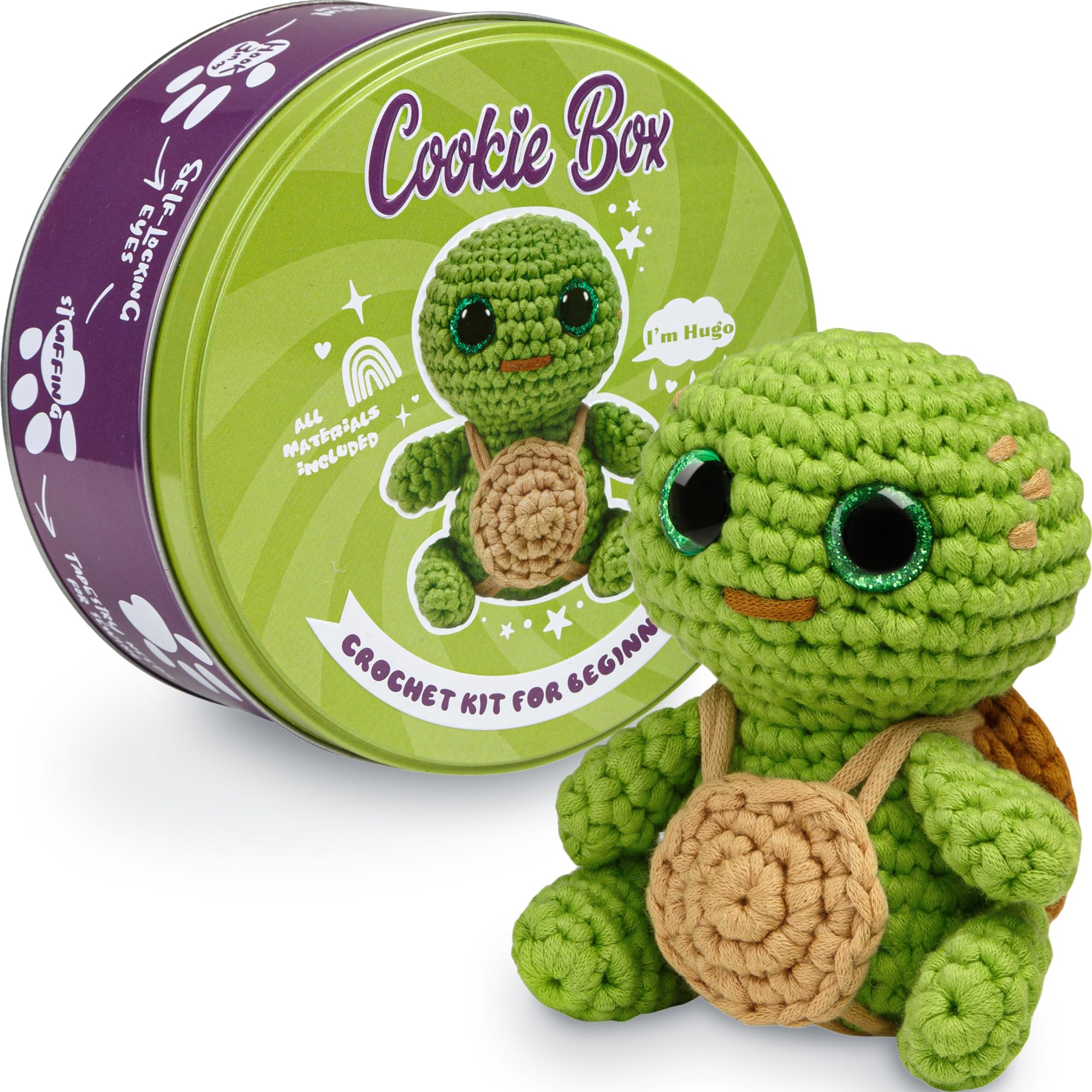 Cookie Box Kit de Ganchillo para Principiantes – Crea tu Peluche Amigurumi con Hilo, Ganchillo, Relleno, PDF y Video – Turtle Hugo | Hilo, Relleno, Guía Pdf Y Vídeo, Peluche Amigurumi Tortuga, Regalo Creativo