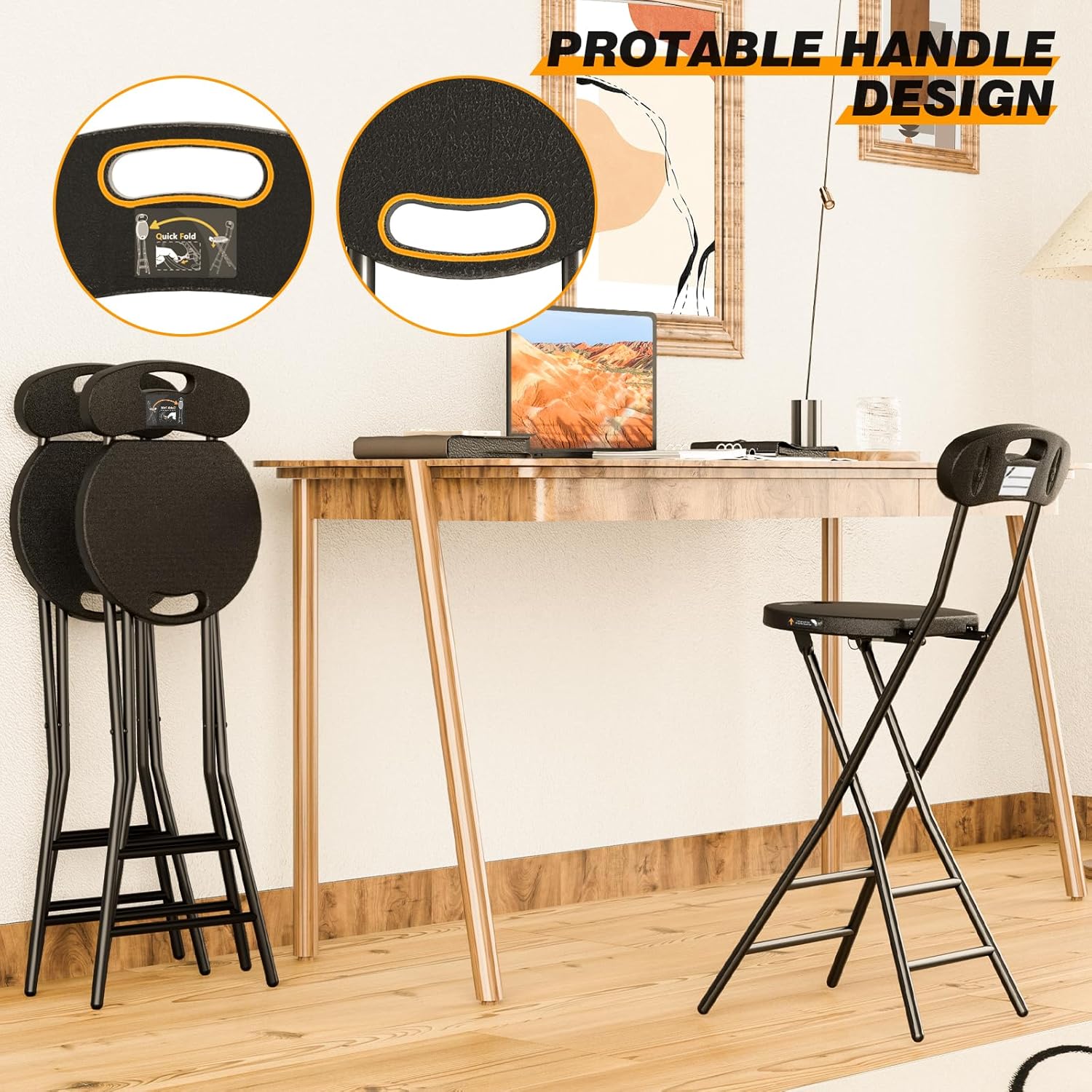 5Rcom Folding Stool, 1 Pack 24 inch Folding Bar Stool with Backrest and Handle, Foldable Stools for Adults Up to 350lbs, Collapsible Round Folding Counter Height Stool Chair for Camping Kitchen