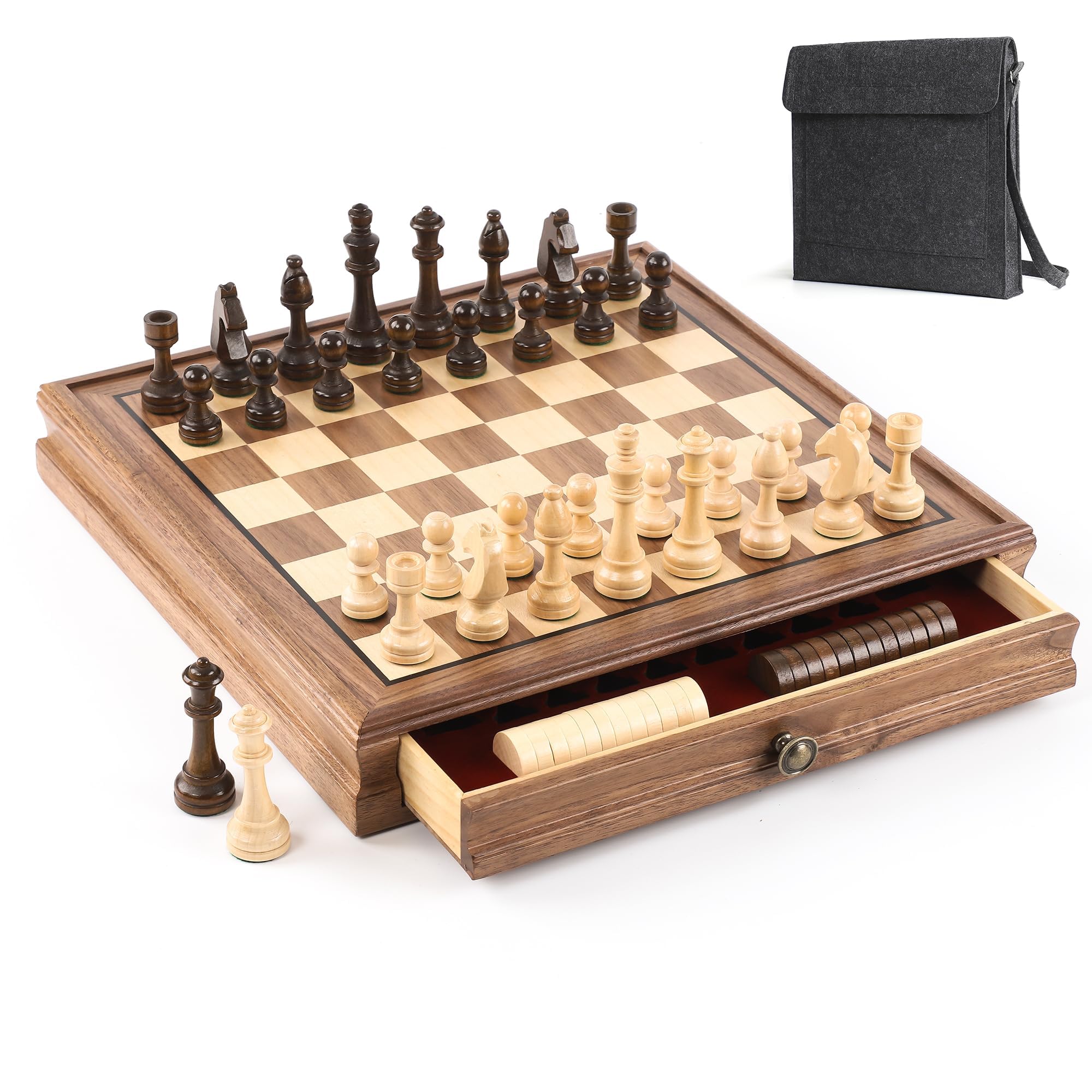 32 cm Magnetisches Schachspiel aus Schwarznuss mit Schublade, 2-in-1 Holz Schach- und Dame-Spiel, mit 2 Extra-Damen, 24 Dame-Steinen, Tragetasche, Reiseschach