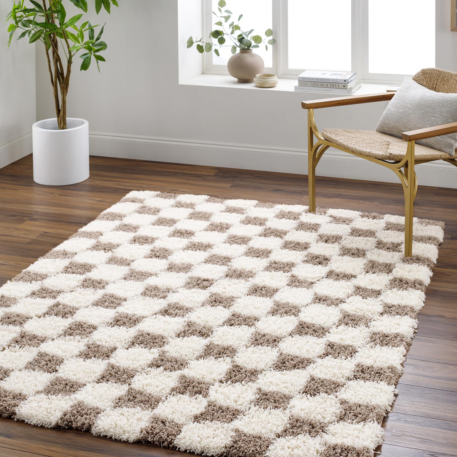 Livabliss Cream/Brown Urban Shag-Modern Checkered Soft Plush Pile Rug - 160 X 220 Cm