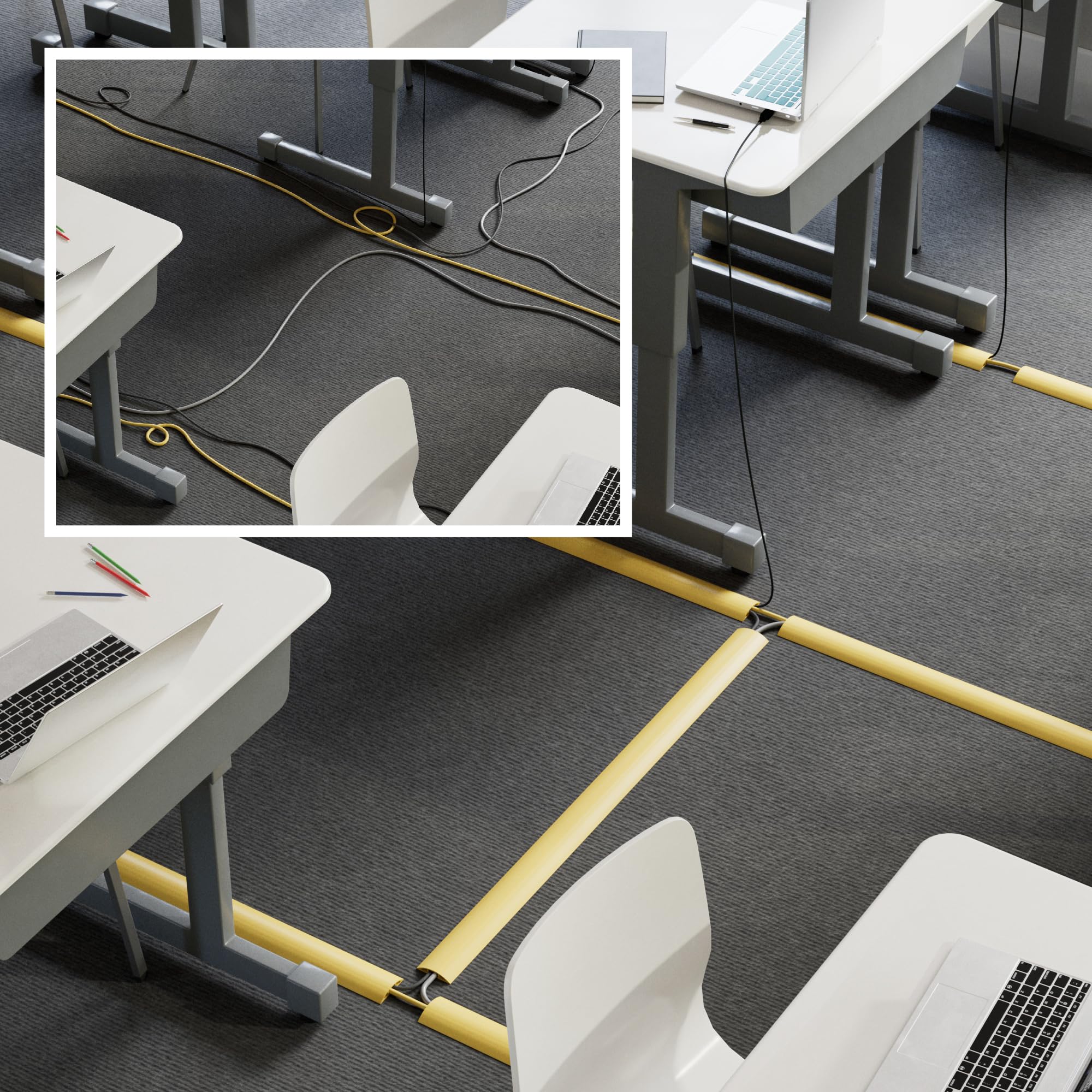 D-Line 30ft Floor Cord Cover, Floor Cable Protector, Extension Cord Cover, Protect Wires & Prevent Cable Trips, Cable Management Solution - Cord Cavity = 0.63" (W) x 0.31" (H) - Black: 6 Feet Yellow