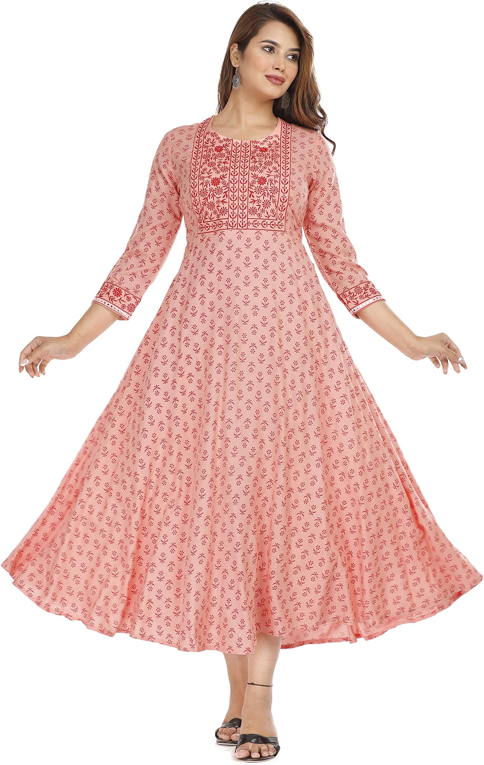 NANAK FEBWomen's Embroidered Printed Rayon Long Kurti for Regular Wear Girls Flared Kurta