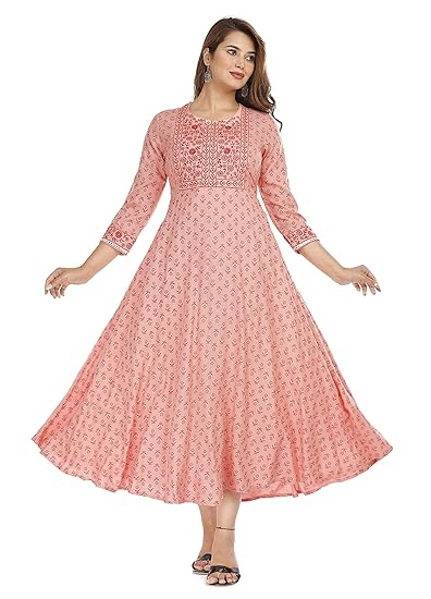 Women's Embroidered Printed Rayon Long Kurti for Regular Wear Girls Flared Kurta