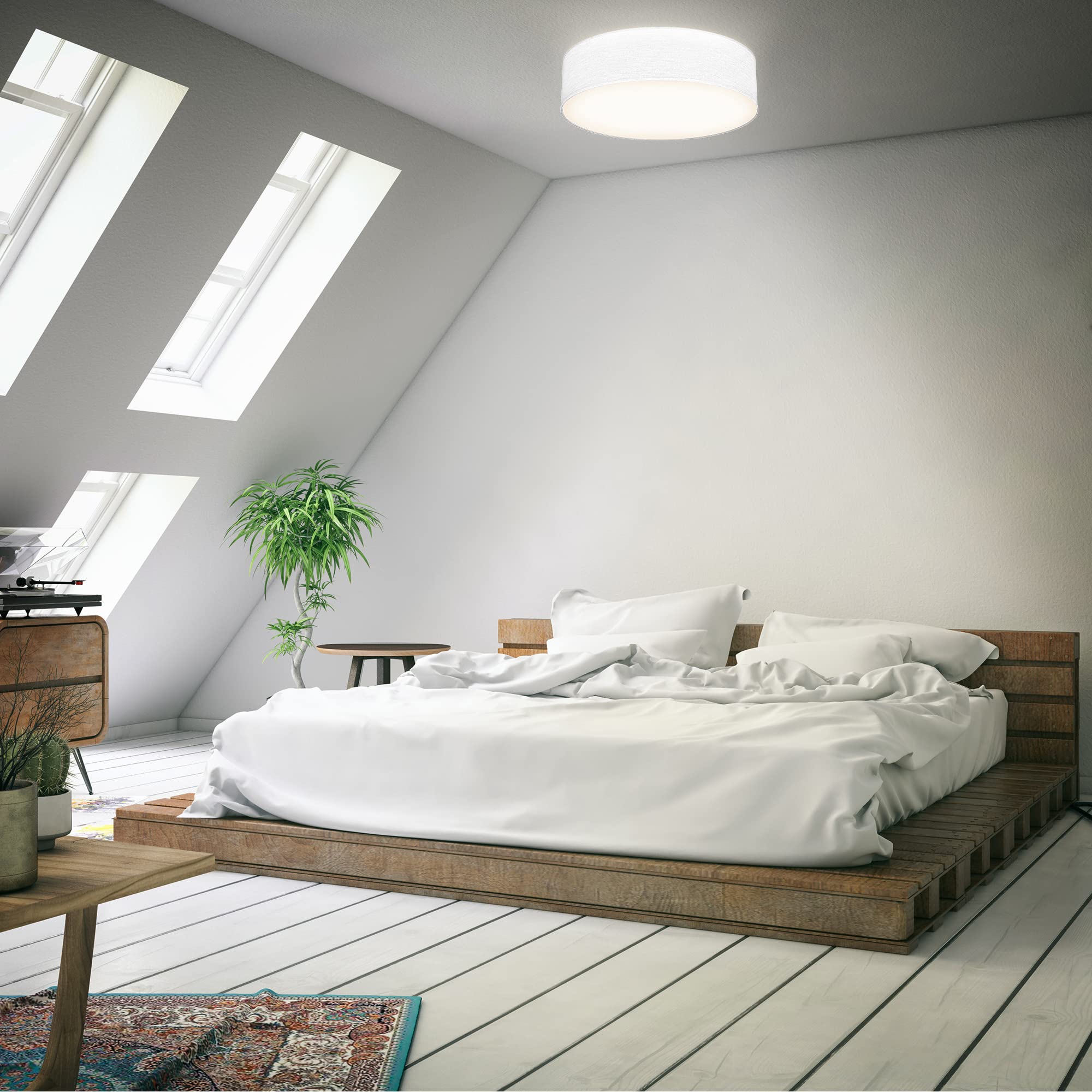 B.K.Licht - Plafonnier avec abat-jour en tissu, douille E27, max. 40 watts, lustre salon, lustre chambre, luminaire plafonnier, lampe cuisine, plafonnier salon, 38x10 cm, blanc