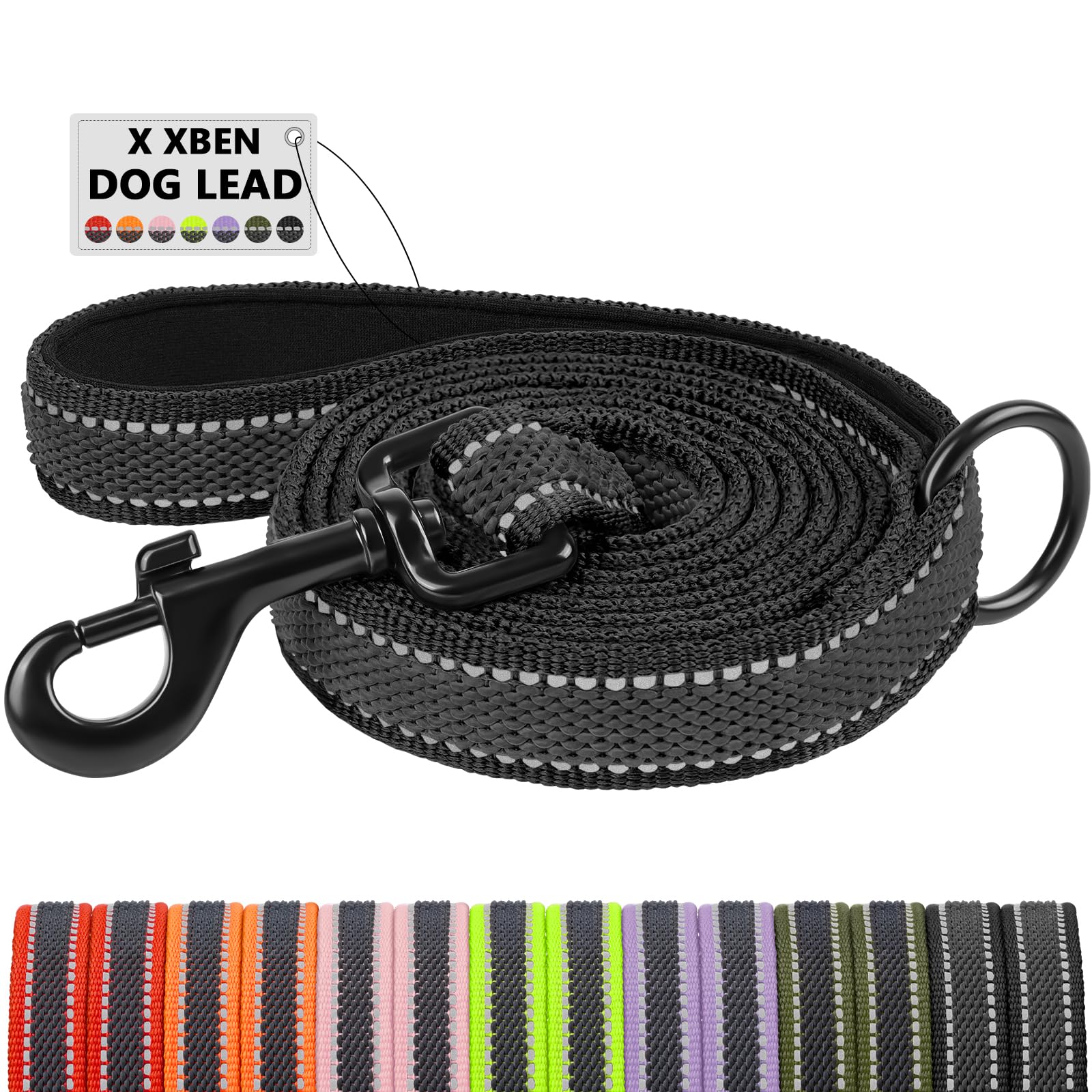 X XBEN Guinzaglio Addestramento per Cani, 3M Guinzaglio Riflettente Resistente con Manico Imbottito, Guinzaglio Addestramento per per Cuccioli, Piccoli, Medi e Grandi, Con Fili di Gomma Morbida, Nero