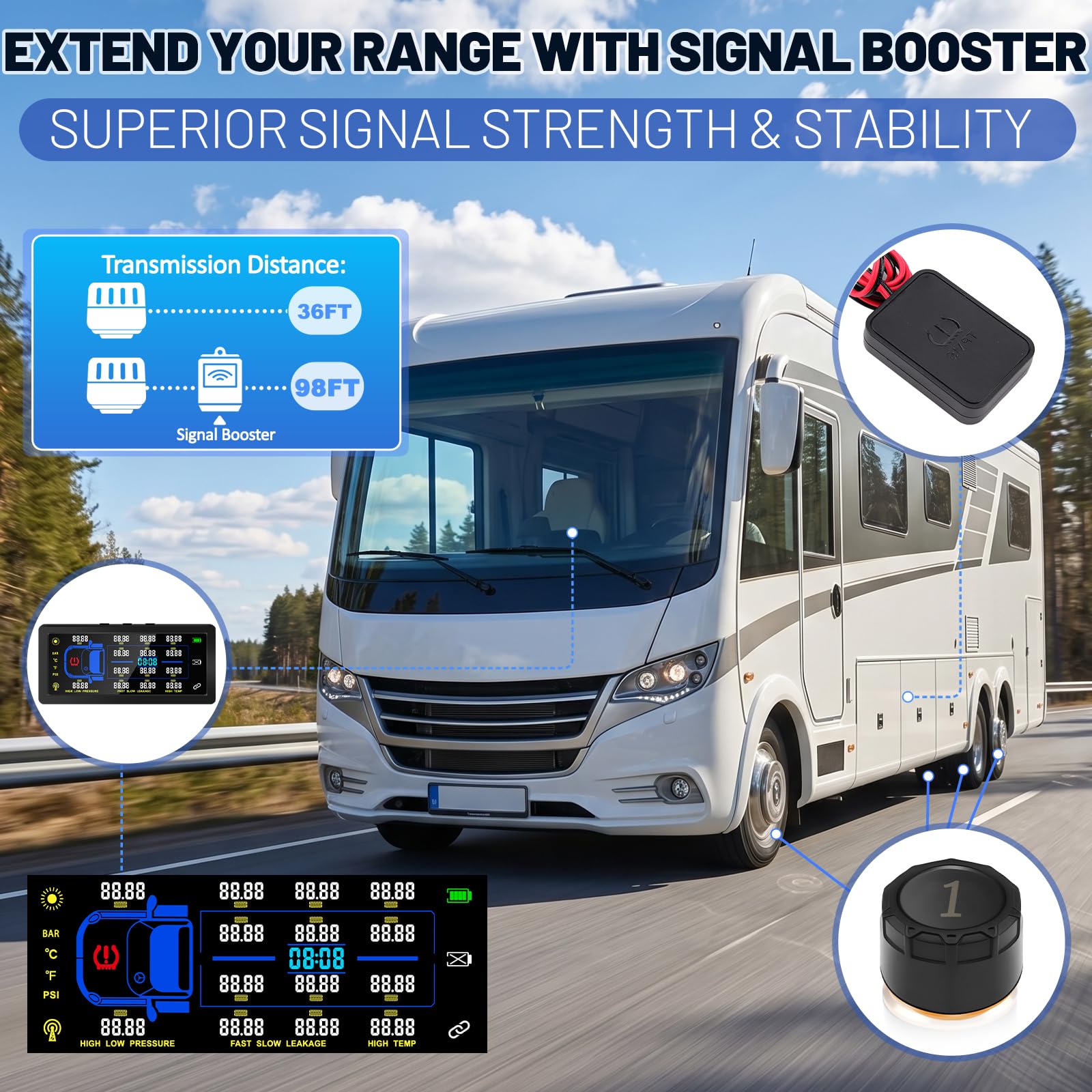 TPMS Reifendruckkontrollsystem mit 7 Zoll Farbdisplay, 10 Kupferkern-Sensoren& Repeater, Solar & USB Aufladung, einstellbar für 4/6/8/10 Räder, Echtzeit Reifendruck- und Tempera