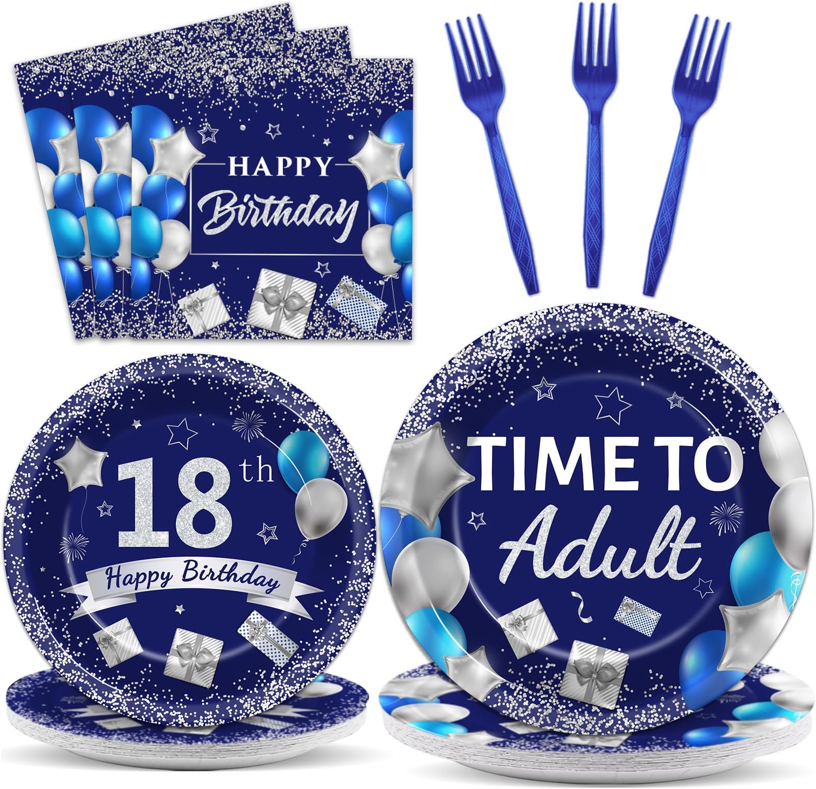 96 Pcs 18th Birthday Party Plates and Napkins Party Supplies Time To Adult 18 Years Old Birthday Party Tableware Set Blue Silver Happy 18th Birthday Party Decorations Favors for Boys Girls Serves 24