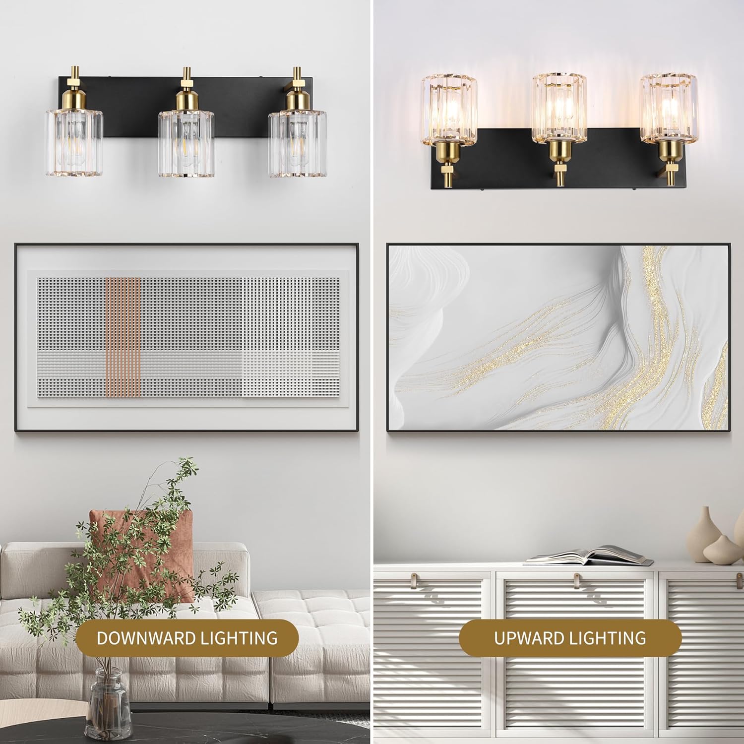 Black and Gold Crystal Bathroom Vanity Lights, 3-Lights Bathroom Light Fixture Over Mirror, 20 Inch Modern Farmhouse Vanity Light, Brass Gold Bath Wall Sconce for Bath Mirror Kitchen Hallway Cabinet