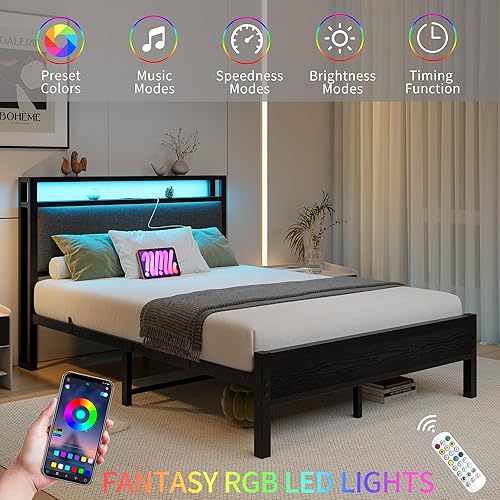 Miniatura 3 de Base de cama de tamaño matrimonial con luces LED, cabecera tapizada con estantes de almacenamiento y estación de carga, base de colchón LED Negro y