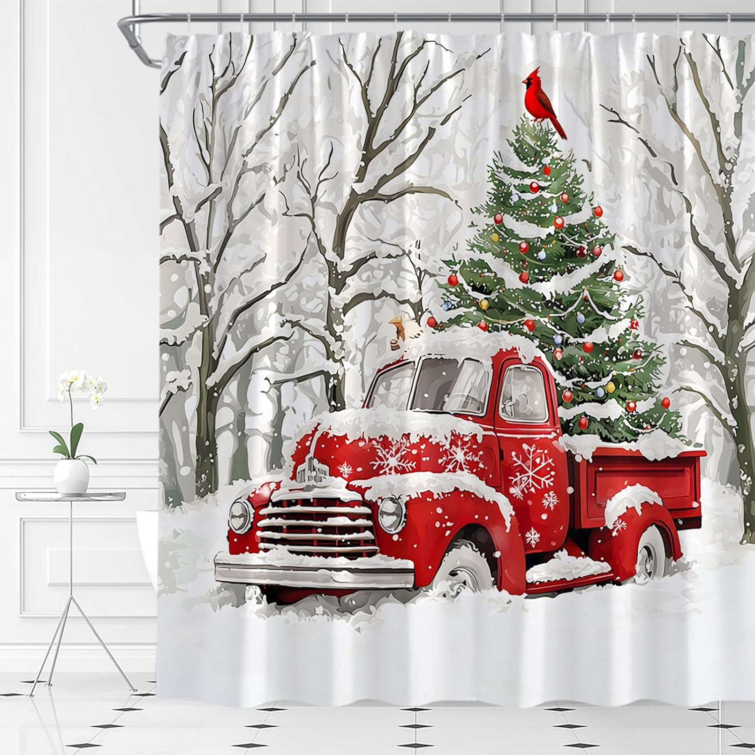 Christmas Red Truck Shower Curtain Winter Forest Xmas Tree Red Birds Snowflake Snowy Snow Scene Rustic Farmhouse Holiday New Year Bathroom Curtain Set with Hooks(91" Wx70 H)