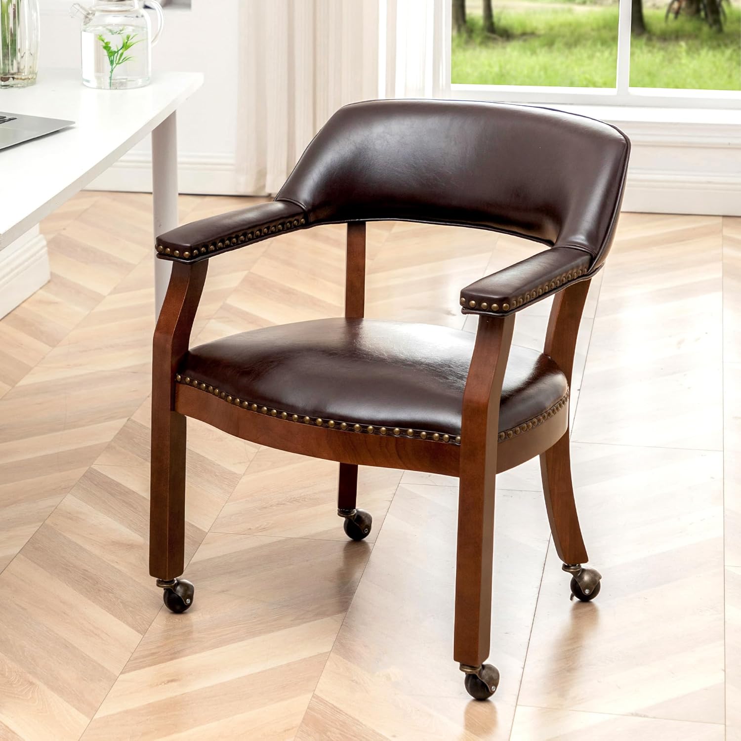 Convenience Concepts Take a Seat Dillon Rolling Armchair 25.25" - Traditional Accent with Wheels, Transitional Swivel Desk or Table Chair for Office & Dining Room, Espresso Vegan Leather