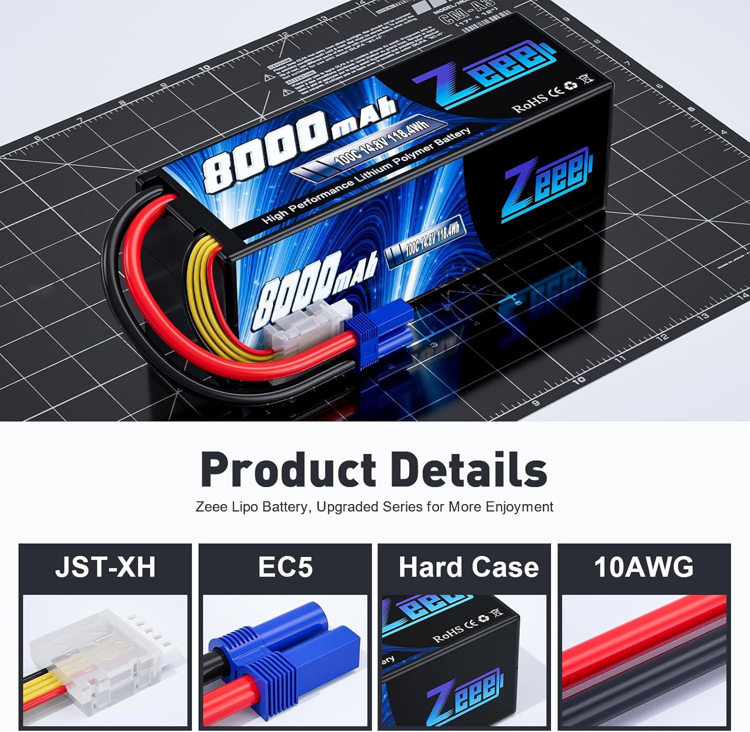 Zeee 4S Lipo Battery 8000mAh 14.8V 100C with EC5 Connector Hard Case RC Battery for Car Truck Tank RC Buggy Truggy Racing Hobby(2 Pack)