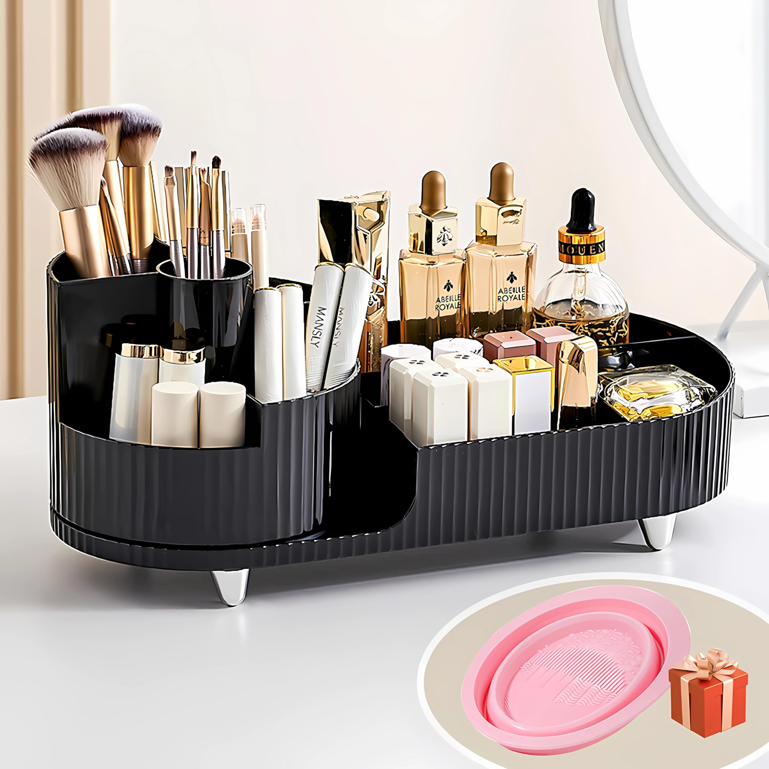 Organiseur Salle De Bain Five - 1 Tiroir + 9 Compartiments - Noir Et Bambou, 26x24x13 Cm