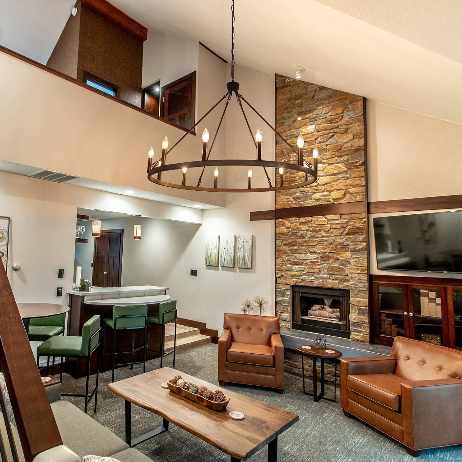 12-Light Black Wagon Wheel Chandelier, 38''Rustic Farmhouse Chandelier,Round Hanging Ceiling Pendant Light Fixture,for Kitchen Island Living Dining Room Bedroom Hallway Entryway Foyer