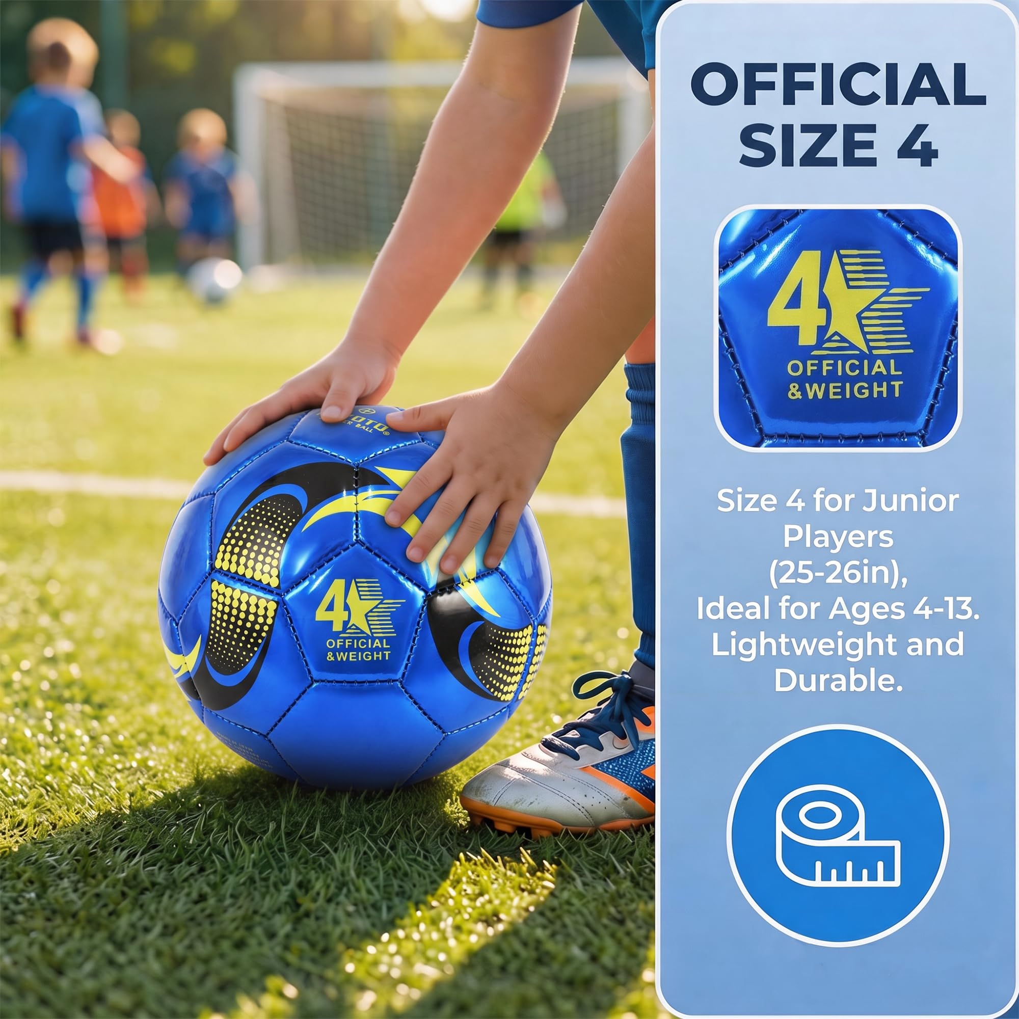 KUYOTQ Kinder-Fußball, Größe 4, blau-goldfarben, glänzendes TPU-Leder, Spiel- und Trainingsball für Kinder und Jugendliche, professionelle Konstruktion für dauerhaften Einsatz im und Außenbereich mit