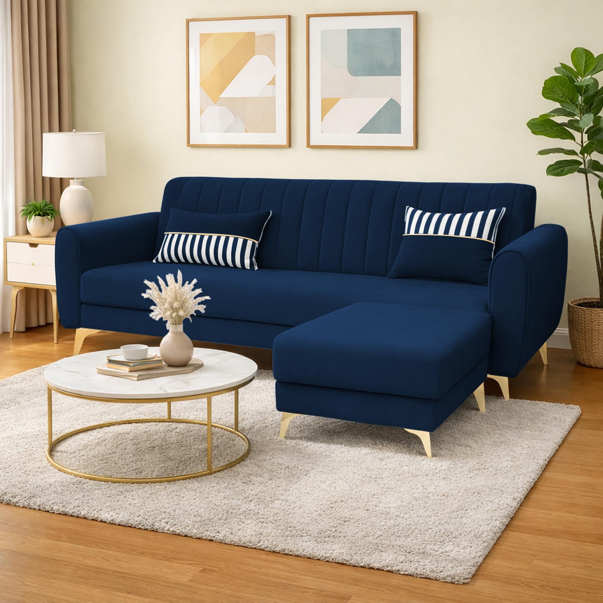 Adorn India Premium Luster 4 Seater L Shape Sofa Set | Velvet Suede Fabric | 3-Year Warranty | Color Blue with Golden Legs & Striped Pattern Cushion