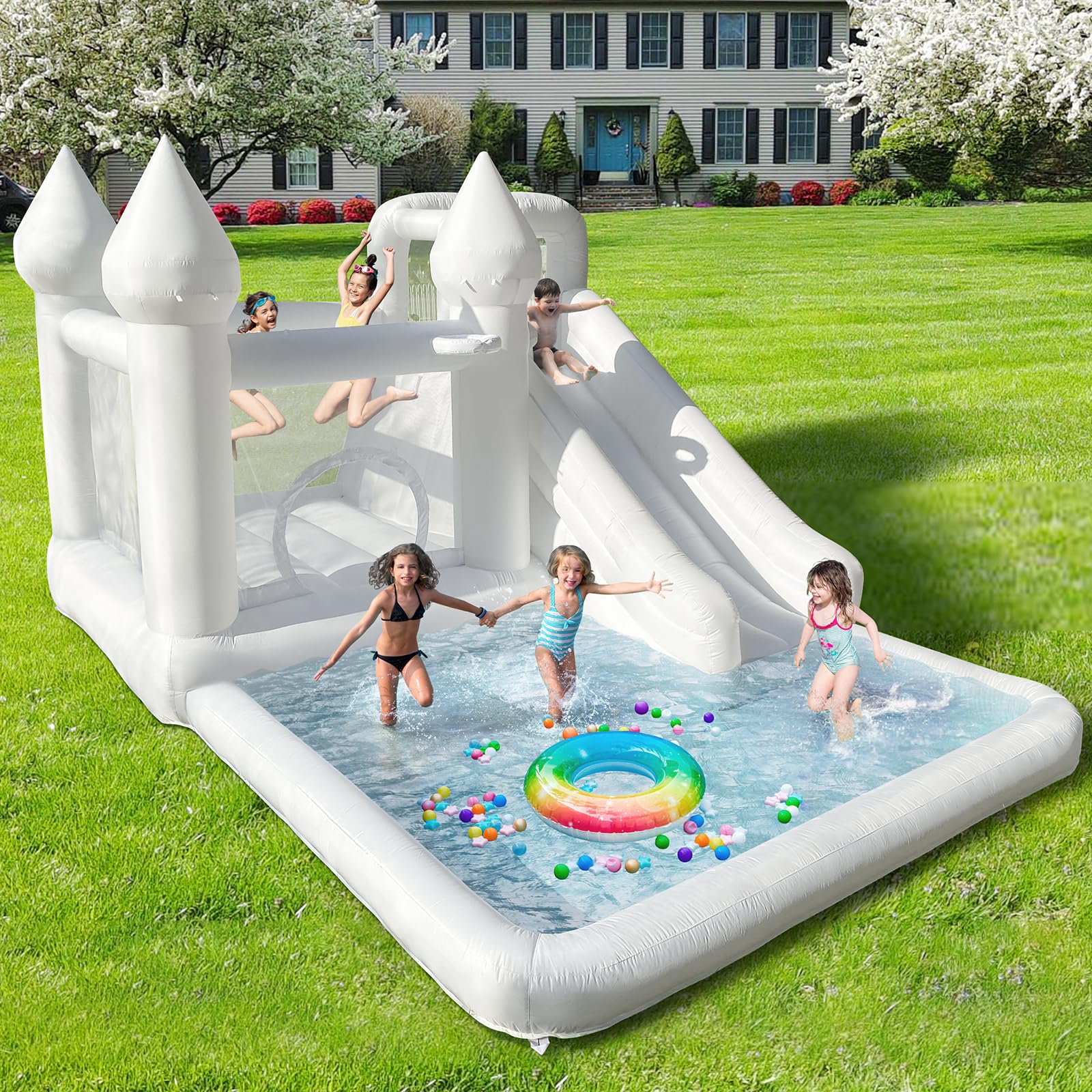 White Water Bounce House – 13.78x9.84x7.54FT Jumbo Bouncy Castle for Kids Birthday Parties, Events, and Outdoor Splash Fun. Durable, Safe, and Perfect for Memorable Celebrations