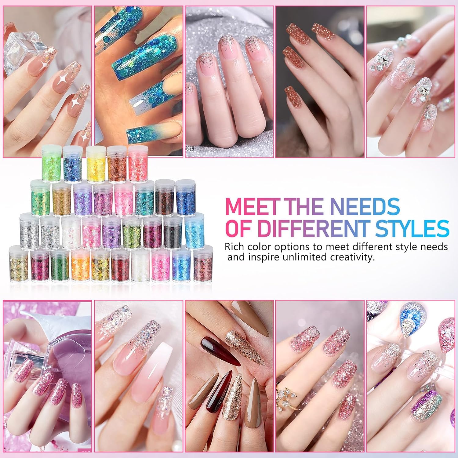 32 Bottles Nail Glitter Flakes PET Container Set for Manicure Art