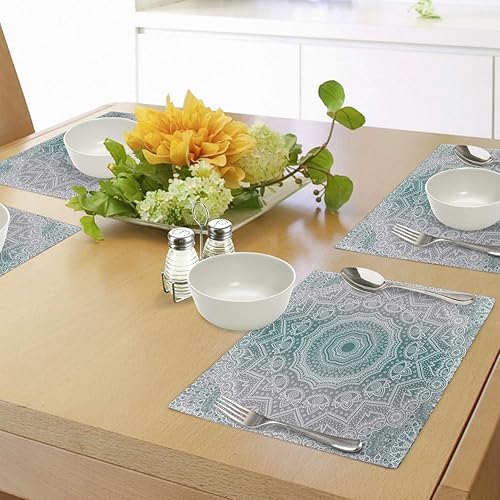 Miniatura 4 de Ambesonne Juego de 4 manteles individuales color gris y verde azulado, diseño geométrico de mandala degradado con líneas de flores, manteles