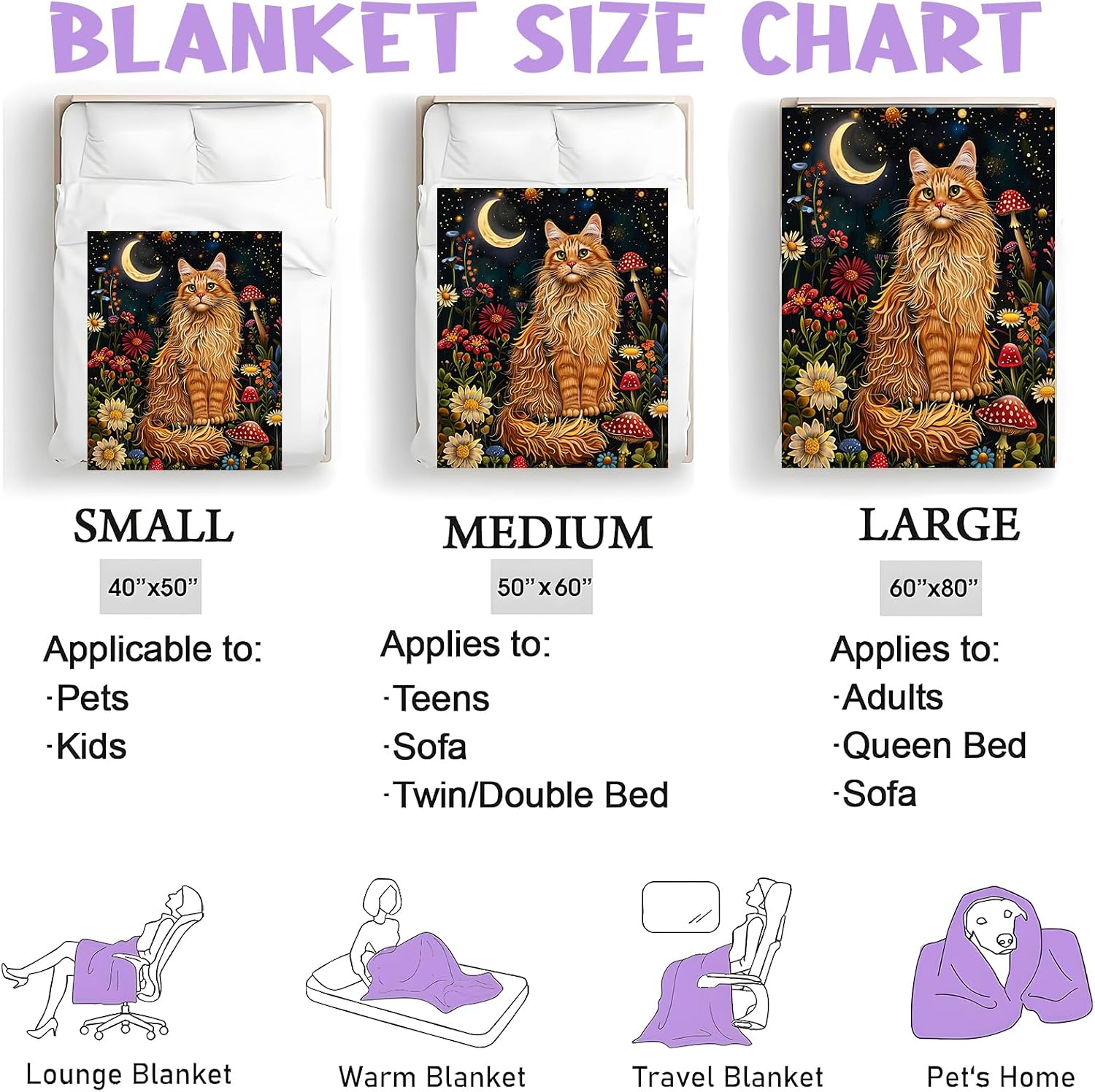 Orange Cat Night Garden Throw Blanket for Boys Girls Kids Adults, Cozy Moon Forest Floral Theme Flannel Blankets Gifts for Camping, Bedroom, Couch, Room Home Decor, 50"x60"