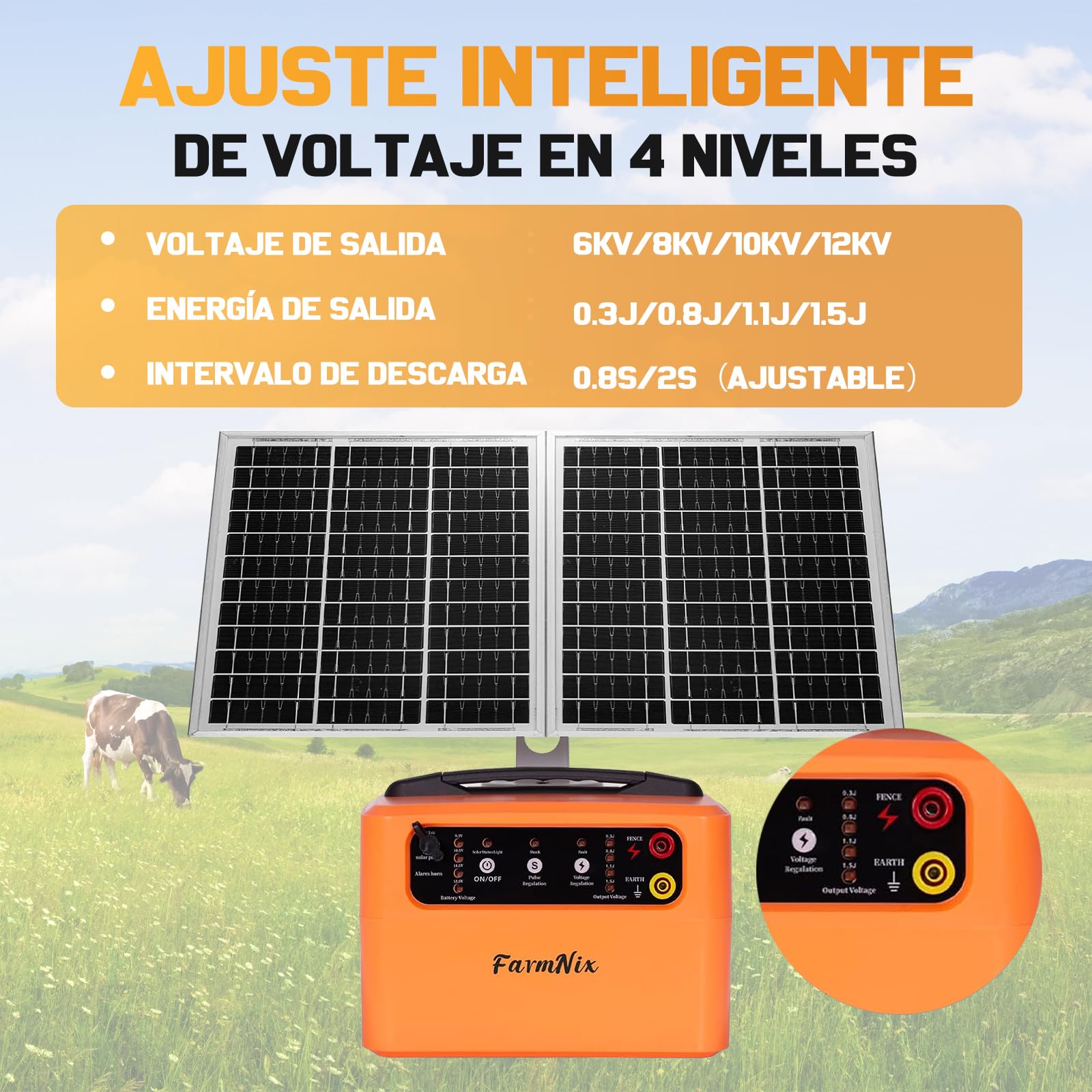 48KM Solar Pastor Electrico, 0.3- 1.5J 6-12KV Ajustable Cerca eléctrica Controlador para Granja de animales, Pastor Eléctrico Electrificador para Ganado, Aves, Granja