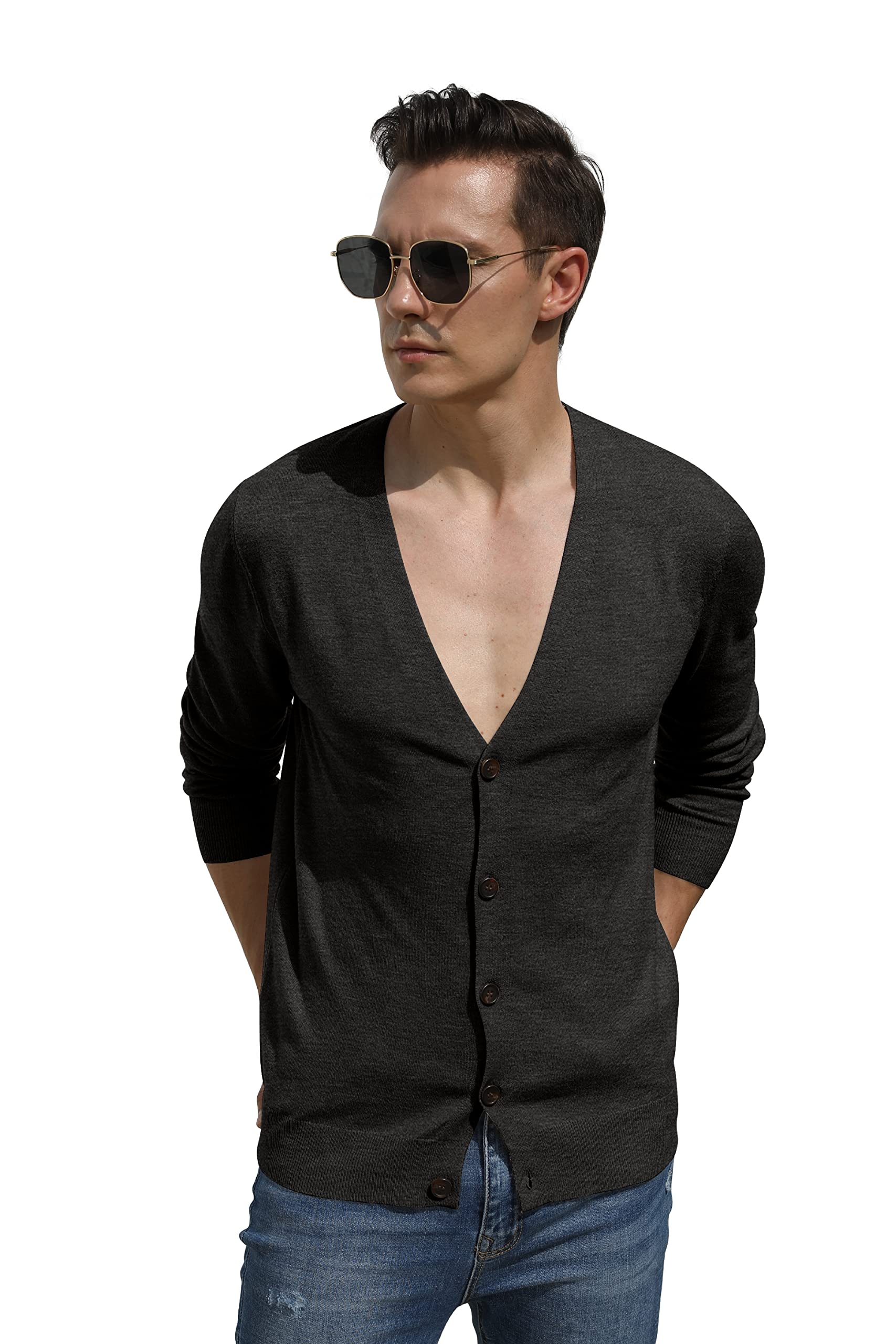 Hisir Men's Knit Cardigans Jumpers Lightweight Classic Soft Wool V Neck Cardigan with Buttons, Long Sleeve Knitwear Pullover Sweaters for Men, Mens Gift
