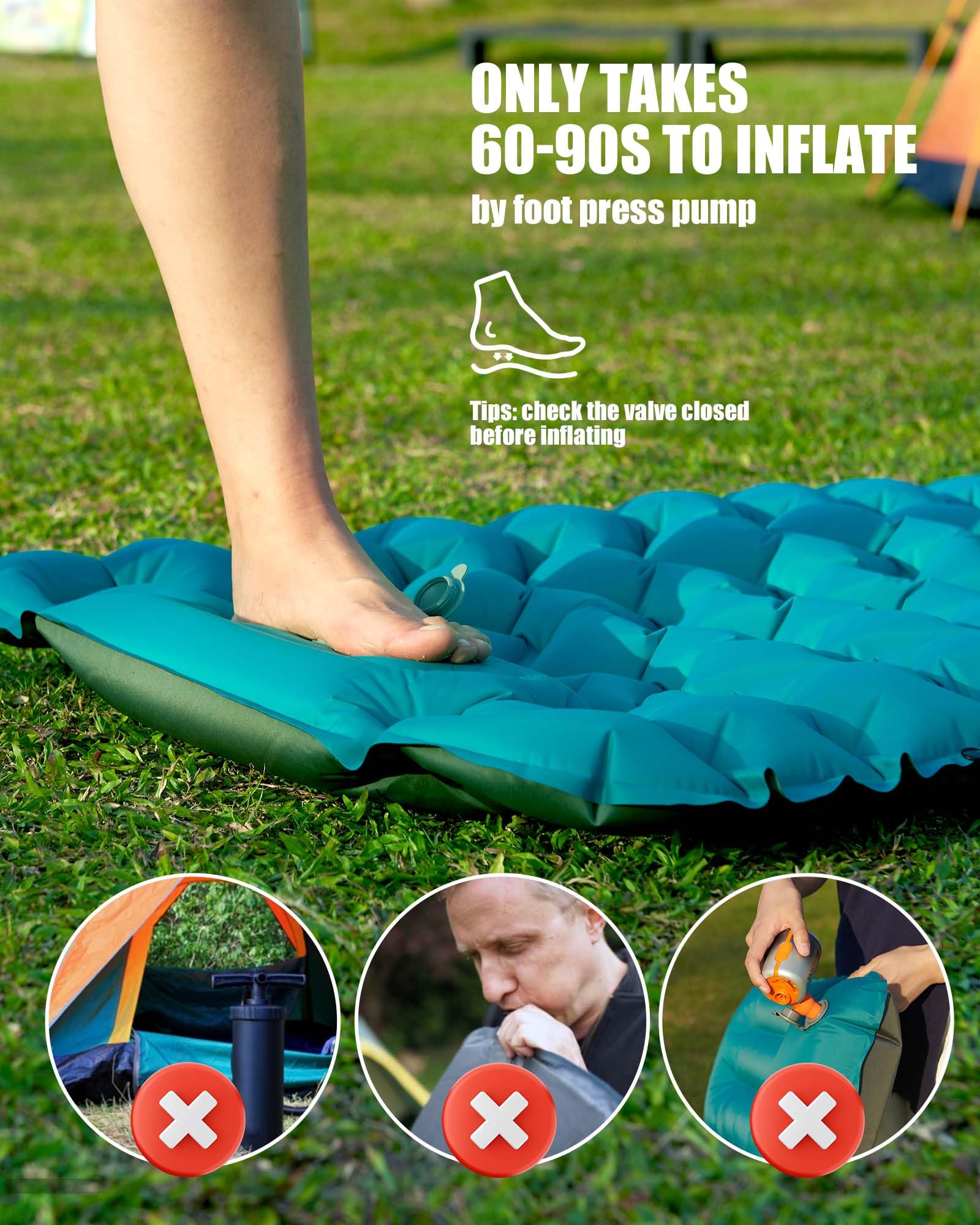 AKSOUL Isomatte Camping Luftmatratze Outdoor: Ultraleicht Groß Aufblasbare Matratze Dick Schlafmatte Mit Kissen Faltbar Thermo Iso Matte Für Zelt Trekking Strand Pfauenblau