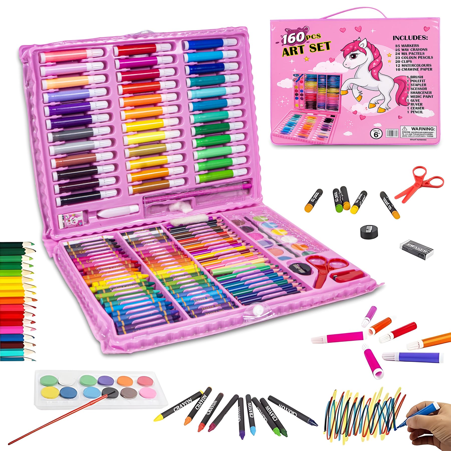 WISHKEY 160 Pieces Art Set for Kids Unicorn Theme with Case, Art and Craft Supplies Kit for Drawing and Painting, Color Set with Markers, Water Colors, Brush, Color Pencils, Crayons (Pack of 1, Pink)-image-16