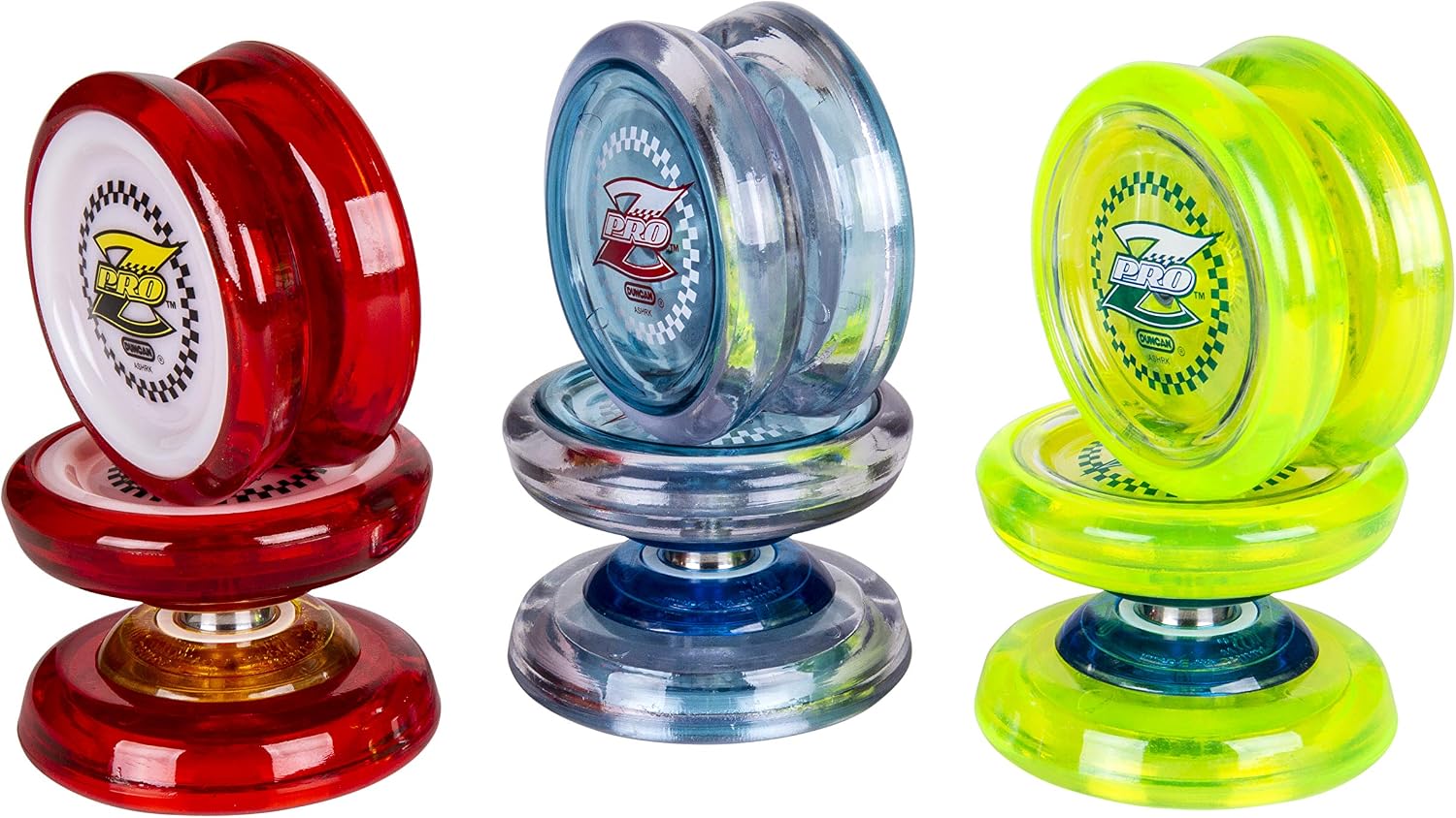 Three Duncan Pro Z yo-yos in red, blue, and green, stacked on top of each other.