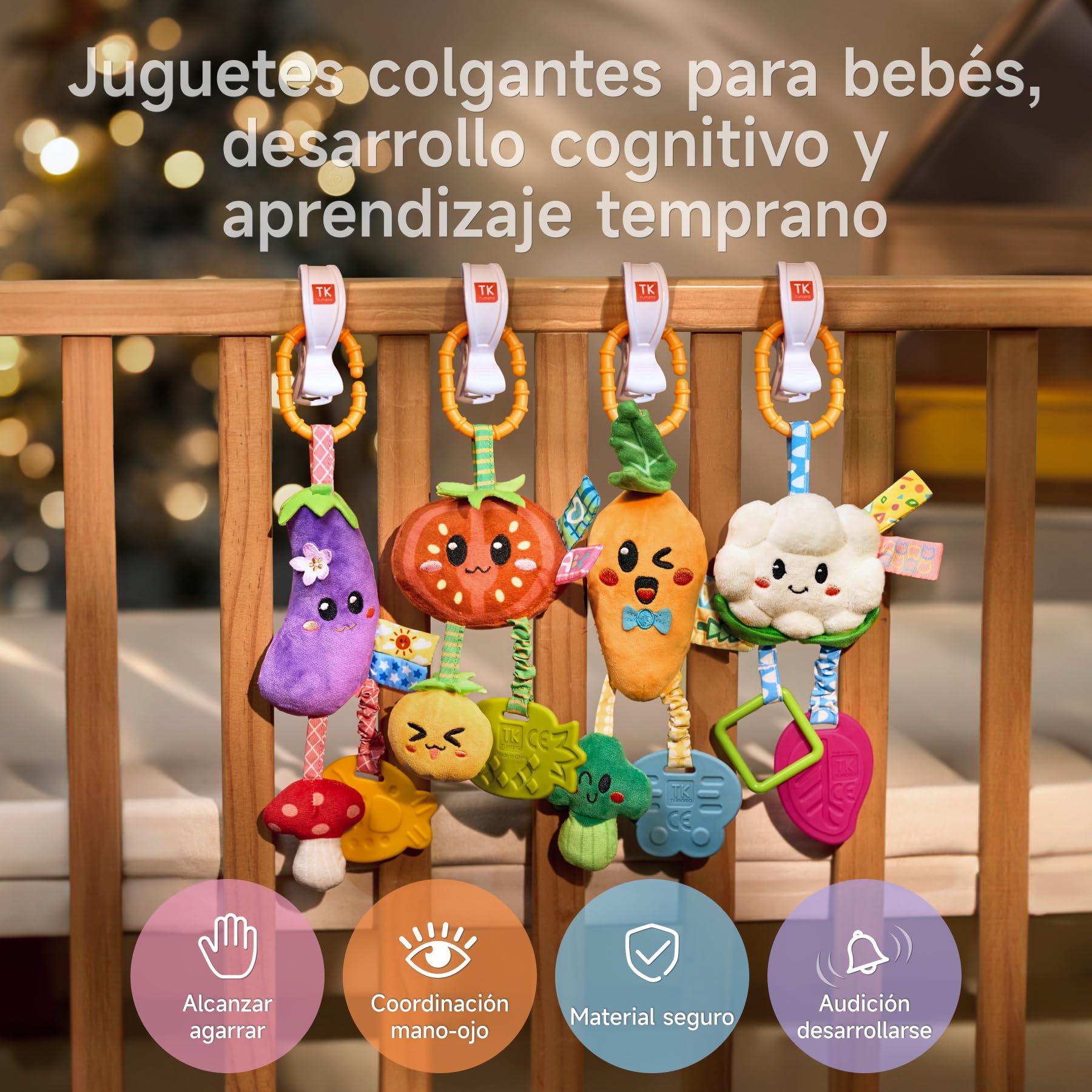 TUMAMA KIDS Juguetes Bebes 0 3 6 9 12 Meses, Sonajero Colgante para Cochecito, Juguetes Sensoriales Bebe para Niño y Niña, Paquete de 4