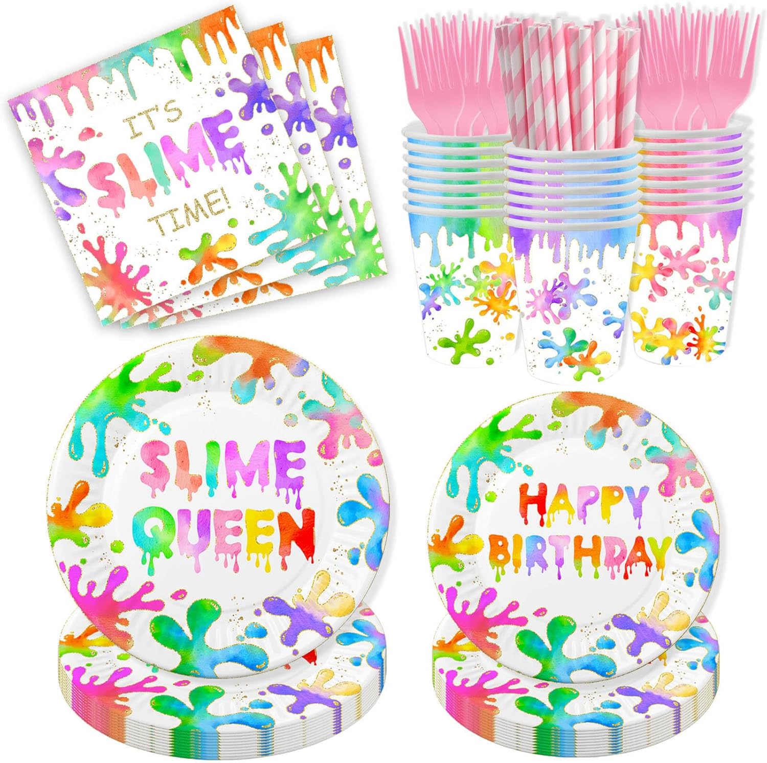 120Pcs Slime Queen Party Decorations - Colorful Paiting Happy Birthday Paper Plates Napkins Cups Straws Tableware Kit for It's Slime Time Splash Art Paint Theme Kids Girls Birthday Decorations