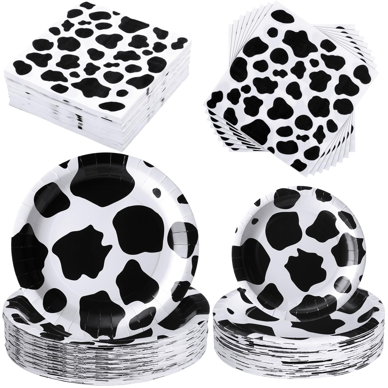 FoldTier 240 Pcs Cow Print Birthday Party Supplies Include 7" and 9" Farm Cow Print Plates and 6.7" Cow Print Napkins Cow Theme Party Decorations for