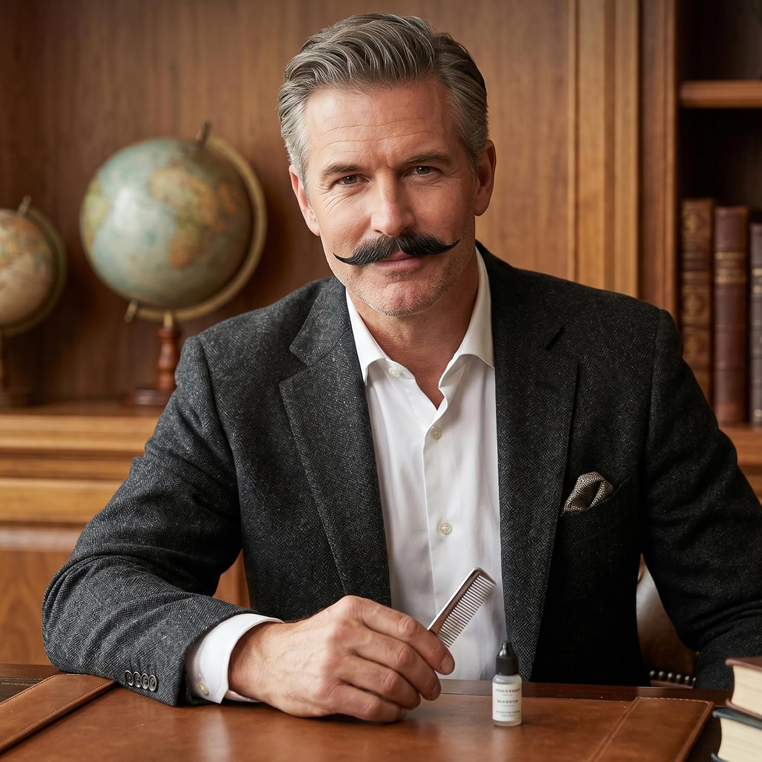 Stick on Mustache, Handmade Human Hair Costume Mustache Realistic Invisible Lace Facial Hair for Men Role Paly Party Costume, Black
