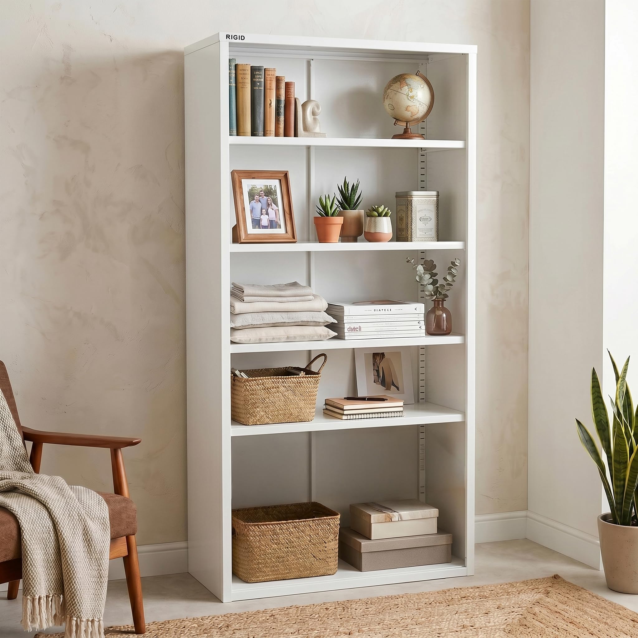 RIGID Steel Open Cupboard Cabinet | 4 Adjustable Shelves Metal Storage Rack | Heavy Duty Floor Standing Organizer | Fully Assembled | Home Office Warehouse Kitchen Use (183H x 91.7W x 45.7D cm) White