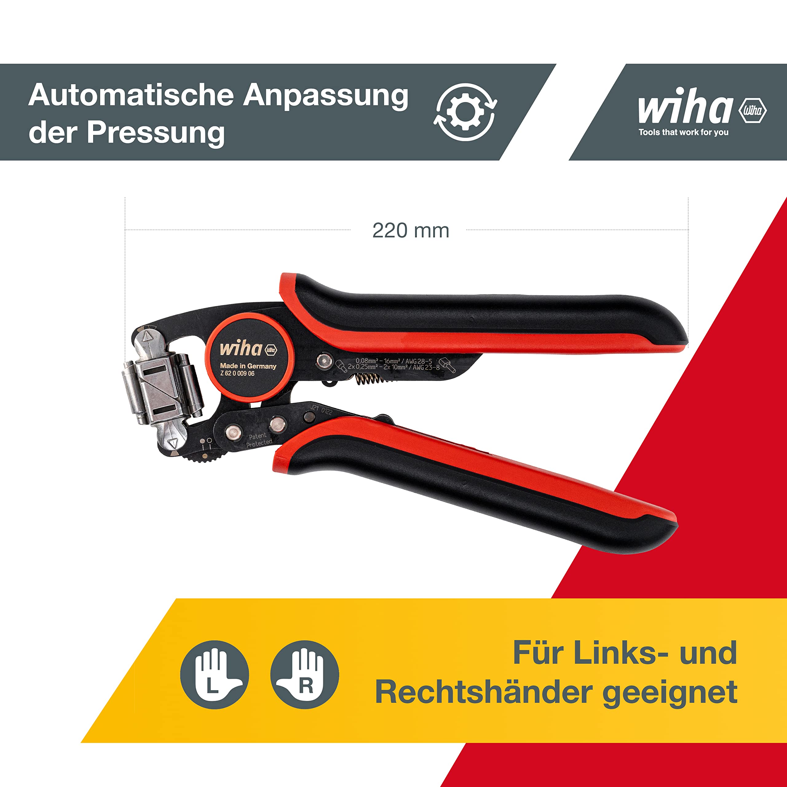 Wiha 45223 Crimpzange Aderendhülsen 0,08 fino a 16mm², Rosso