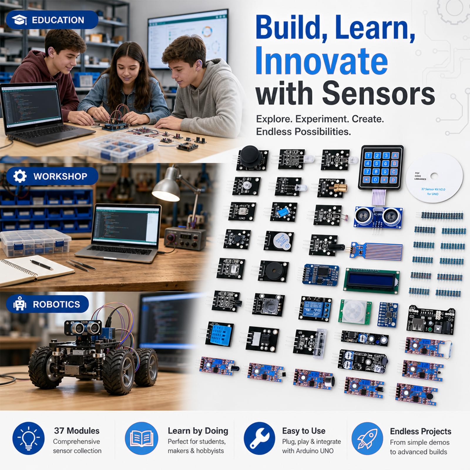 Kit elettronico aggiornato 37 in 1 - Kit sensore arduino con Tutorial per uno r3 mega Nano - Starter kit per sensori arduino e esp32
