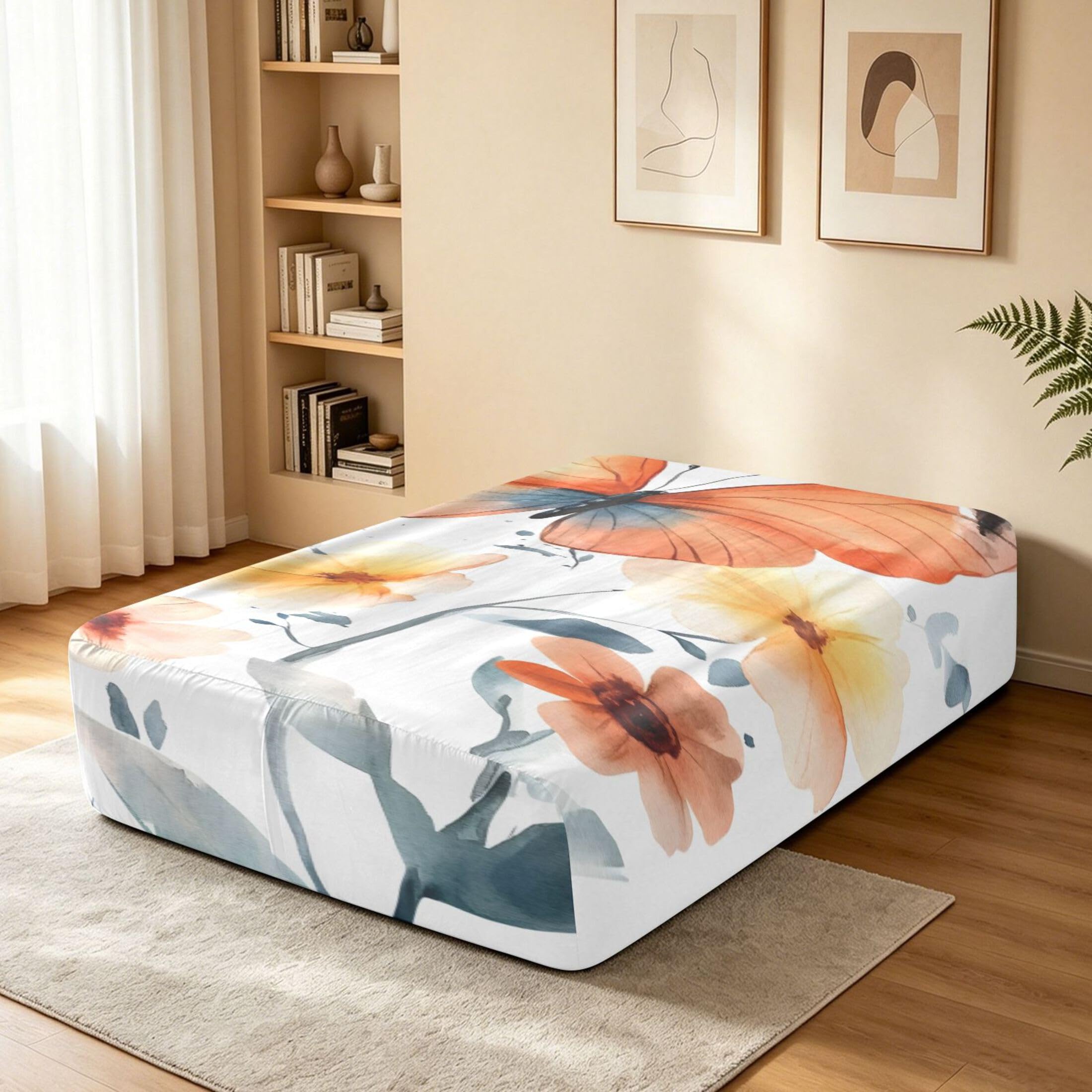 Sábana bajera ajustable tamaño individual con diseño de mariposa de acuarela para colchón de aire, bolsillo extra profundo de 24 pulgadas, funda suave y transpirable con apertura de válvula