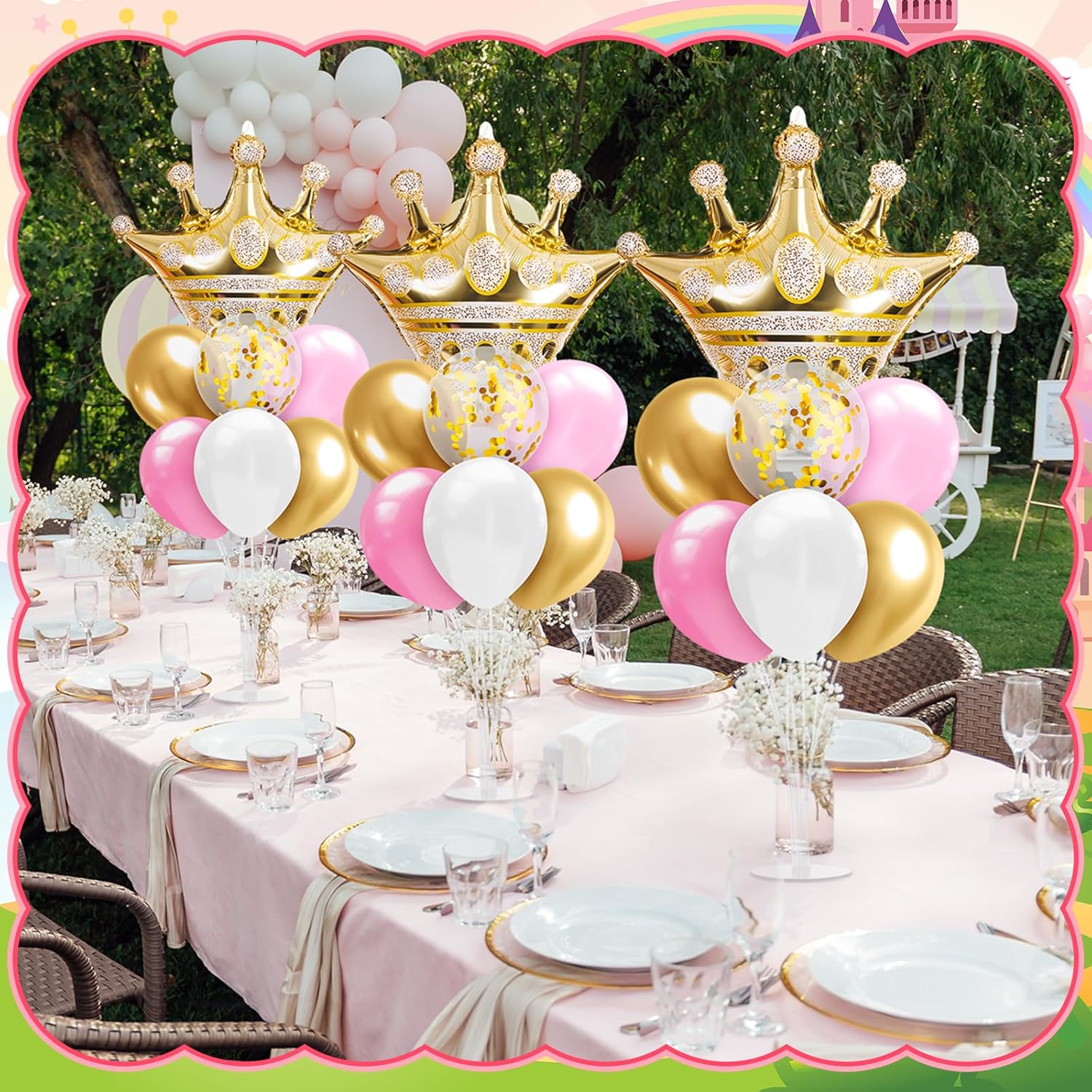 Seematn 2 Set Princess Balloon Stand Kits Pink Gold Crown Balloons Sticks Holder with Base, Princess Birthday Party Table Centerpiece Kit for Woman Queen Wedding Baby Shower Fairy Tale Decoration