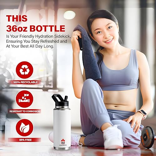 Miniatura 4 de Malikona Botella de agua aislada al vacío de doble pared de 36 onzas con popote y tapa para beber, termo deportivo de acero inoxidable para hombres