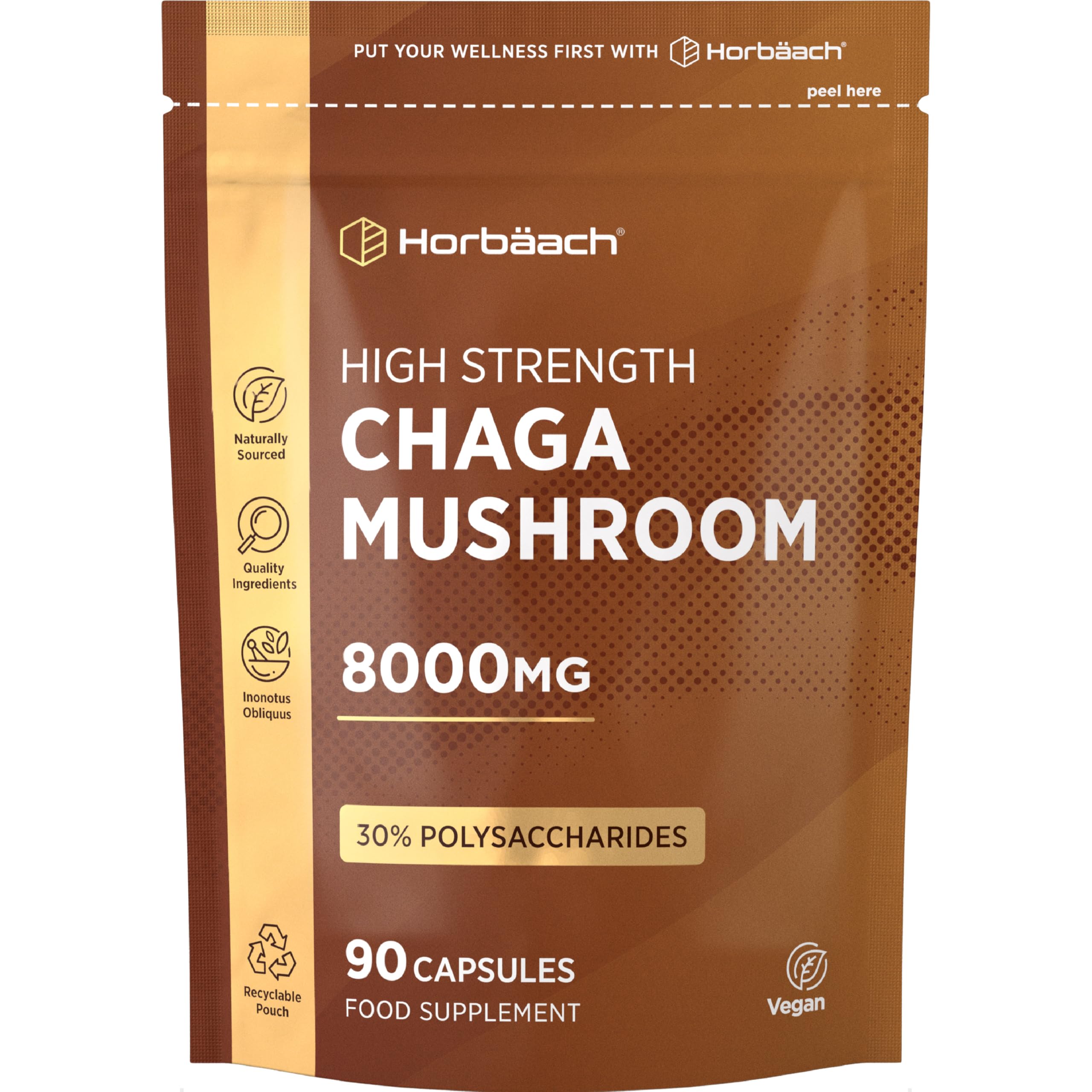 Chaga Mushroom Capsules 8000mg | High Strength Vegan Mushroom Supplement | 90 Powder Capsules | Naturally Sourced | by Horbaach
