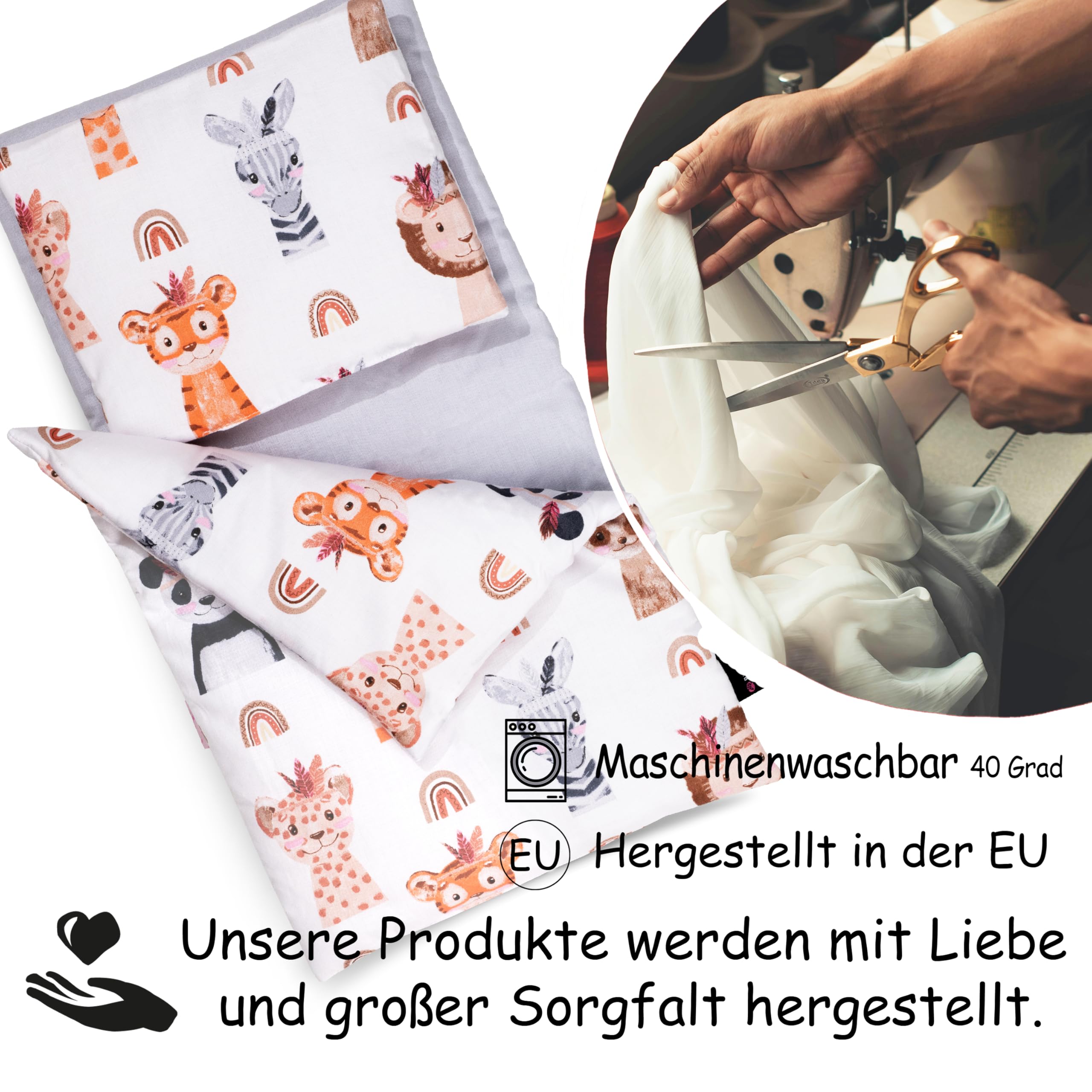PinkZebra 3-teilig Puppenbettwäsche für Puppen bis 48 cm, Decke + Kissen + Matratze, Puppenbettzeug mit Matratze, Bettwäsche aus Baumwolle für Puppenbett, Tierportraits