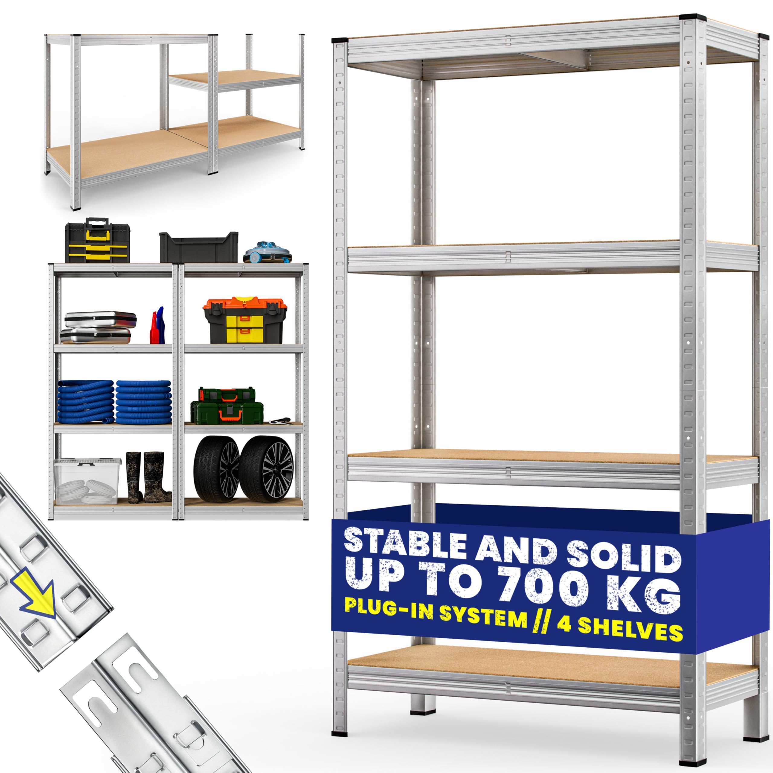 Monzana® 4 Tier Heavy Duty Garage Shelving Unit 160x90x40cm Shed Racking Galvanised Steel Metal Shelving Units Storage Shelves Warehouse Shed Rack Workshop bench Shelf Unit Garage Storage Silver