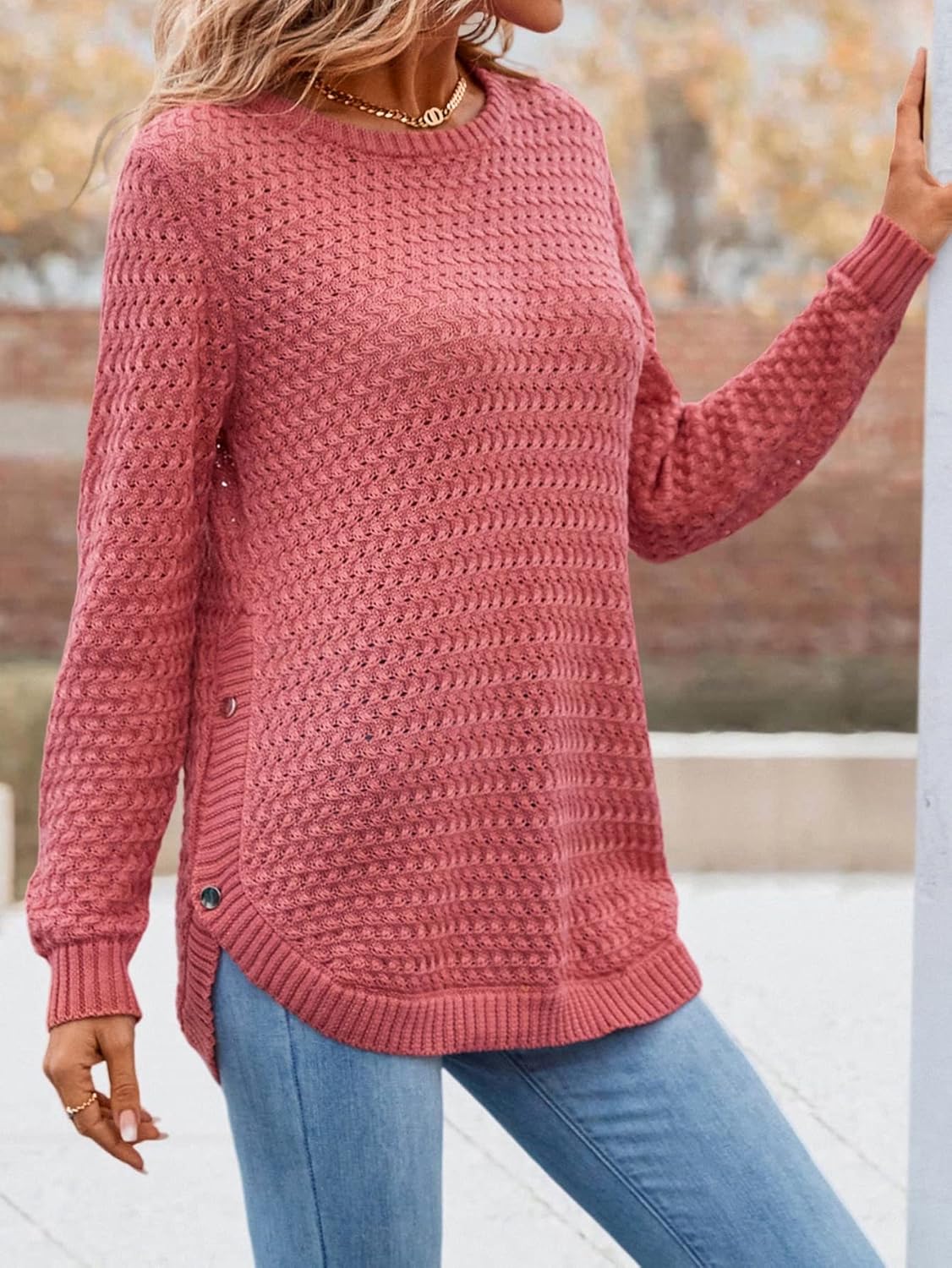 Women's Sweater Solid Button Detail Sweater Sweater for Women (Color : Coral Pink, Size : Medium)