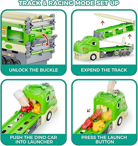 Miniatura 4 de Funwee Camión de dinosaurios de juguete para niños de 2, 3, 4, 5, 6, 7 años, pista plegable y modo de carrera de 2 jugadores, transporte de luz y