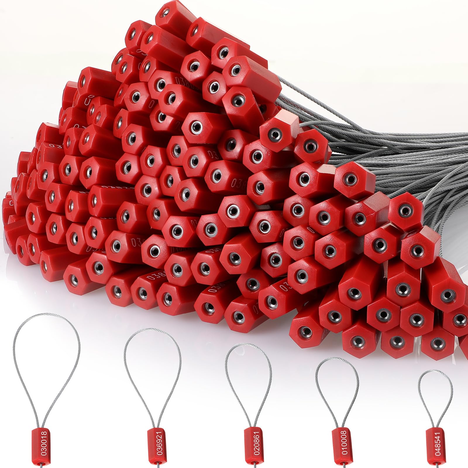 NAZOU Security Cable Seals11.8 Inch Numbered Security Tags Tamper Steel Seal,for Truck?Trailer,Cargo, Containers, Oil Tank, Fire Extinguisher Tag, Cable Seals?Red 100Pcs?