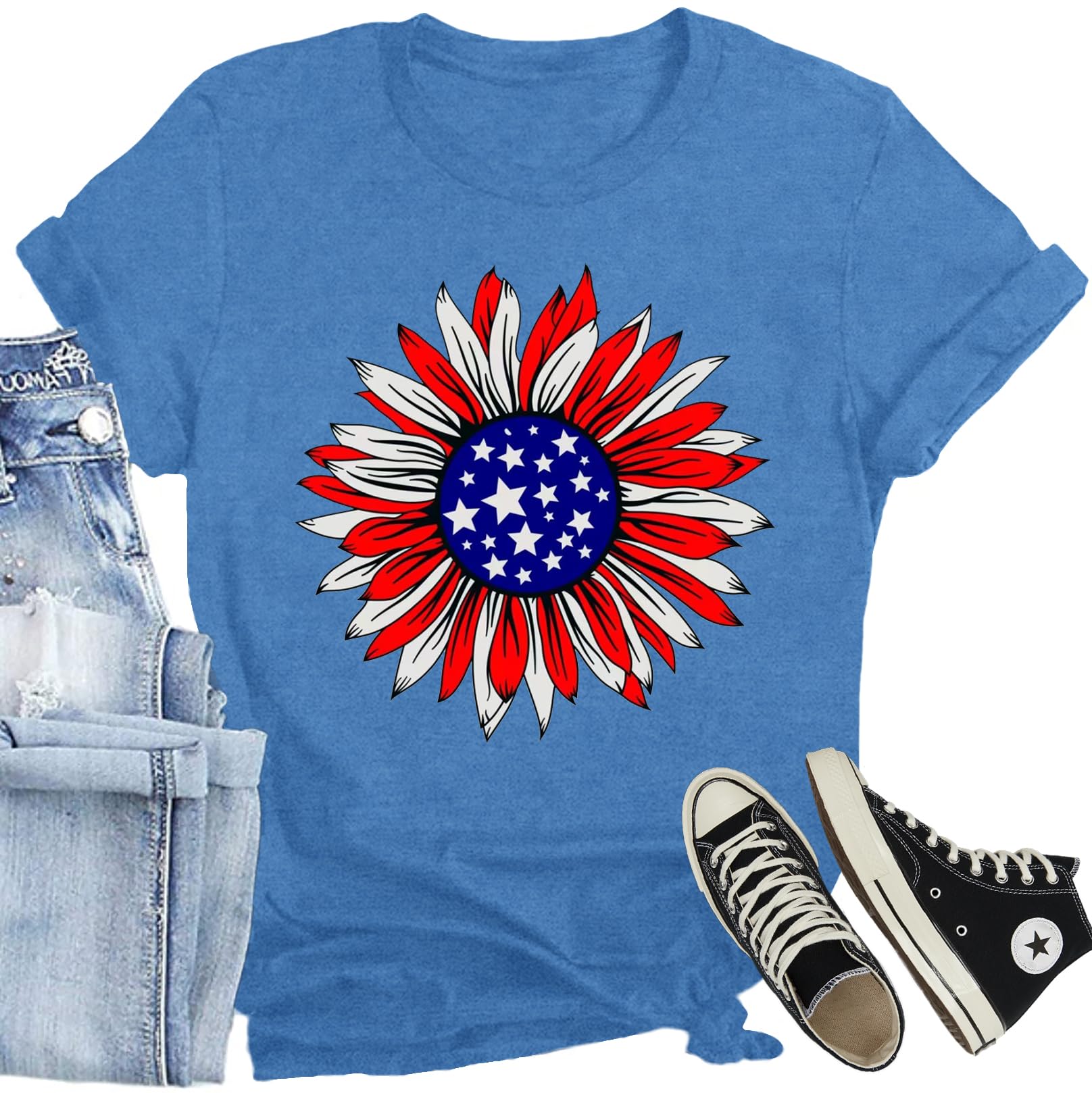 CQF Women American Sunflower Shirt Funny American Flag T-Shirt 4th of July Patriotic Tee Tops