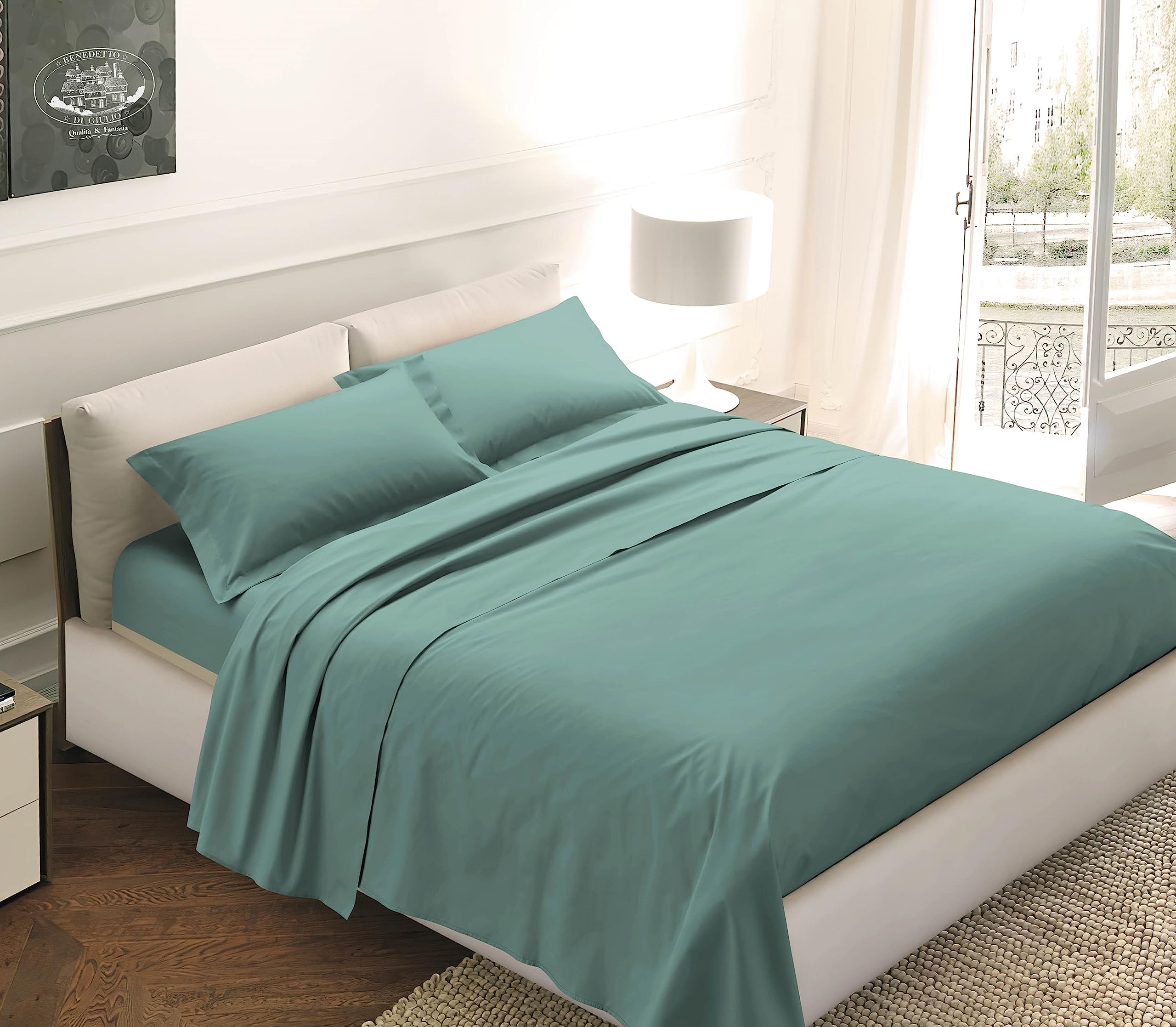 SpazioTessile - Set Lenzuola Letto Singolo Cotone Percalle e Federa Cuscino Letto 3 Volani, Parure Lenzuola Cotone Certificato Oeko-Tex con Lenzuolo Sopra 160x300cm e Federa 52x82cm, Verde Ottanio