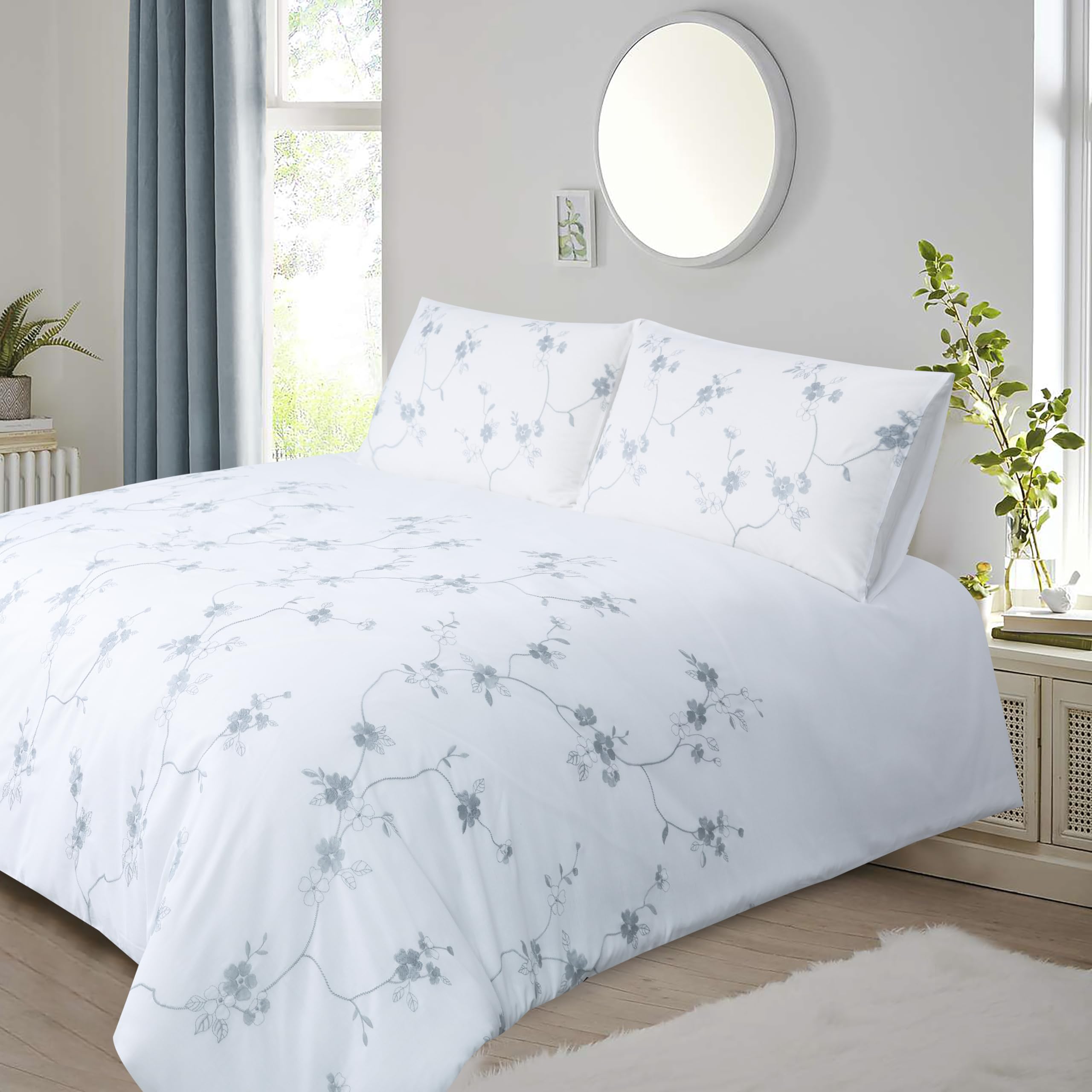 YINFUNG White Double Duvet Cover Grey Floral Bedding Embroidered Cotton Double Bedding Set Flower Quilt Cover Soft Breathable with 2 Pillowcases (White, Double 200x200 cm)