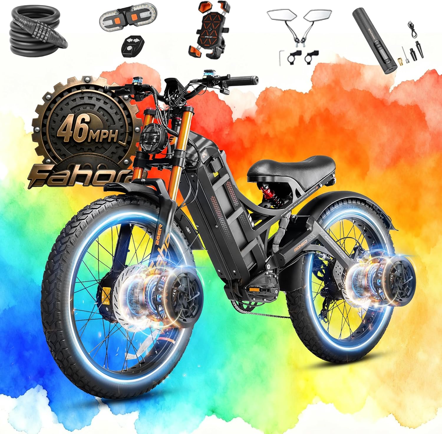 eAhora 2026 Romeo Pro 3 50MPH Electric Bike for Adults 5600W Dual Motor E Bike 60V/80Ah 250 Miles Long Range Electric Bicycle,26 * 4.0 Fat Tire Full Suspension Electric Mountain Bike Delivery Commute