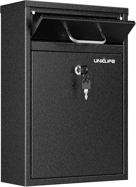 Uniclife Wall Mount Mailbox for Outside, Anti-Theft Heavy Duty Locking Mailbox, Large Mailbox with Key Lock, Security Mail Box, Safe Key Drop Box, Post Box, Steel Cash Drop Box for Home Office, Black